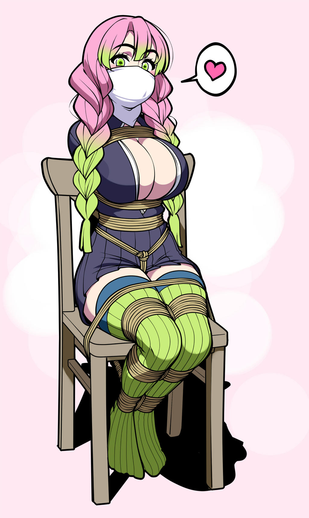 arms_behind_back bangs big_breasts bondage bound braided_hair chair cleavage demon_slayer female female_only femsub fully_clothed gag green_eyes happy_female happy_sub jam-orbital kanroji_mitsuri kimetsu_no_yaiba legs_tied long_hair looking_at_viewer mouth_mask no_bra open_shirt pink_background pink_hair pleated_skirt restrained rope rope_bondage sitting solo spoken_heart thighhighs tied tied_legs tied_to_chair tied_up two_tone_hair uniform willing_sub