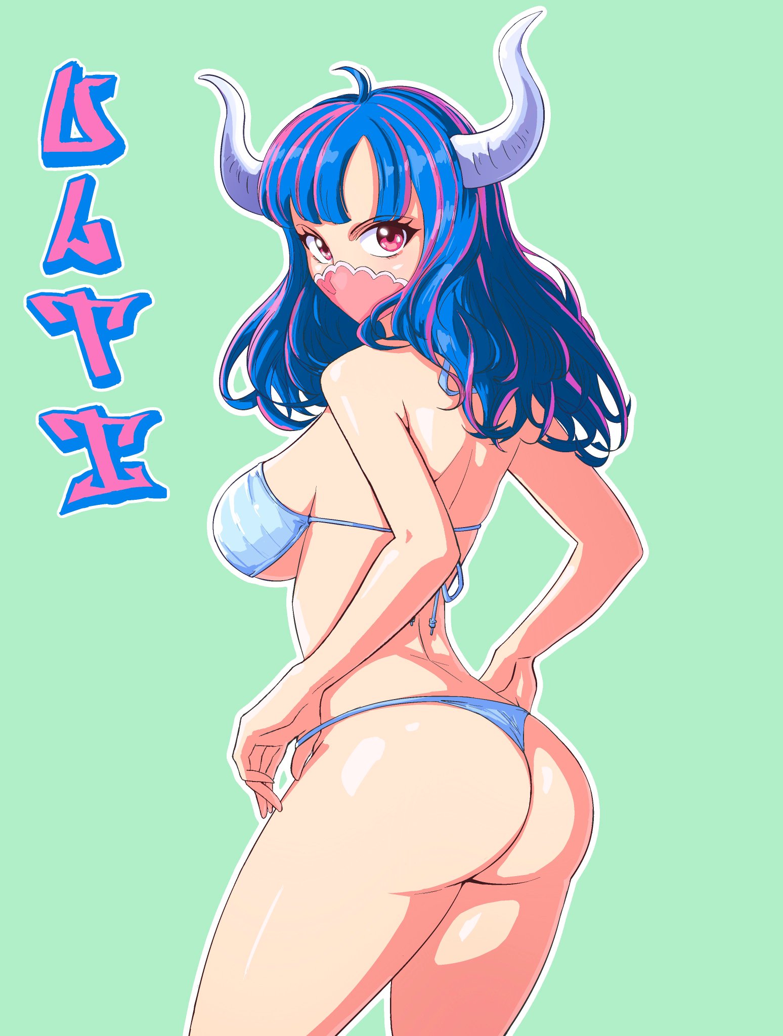 1girls, ass, big ass, big breasts, bikini, blue hair, blue-haired female, breasts, curvy, female, female only, horns, mask, multicolored hair, one piece, opalisart, pink eyes, skimpy, solo, text, thick thighs, two-tone hair, ulti (one piece)