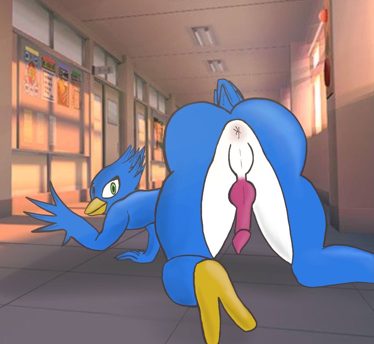 1boy animal_genitalia animal_penis anthro anus ass avian berdly bird blue_body blue_feathers canine_penis deltarune falcon falconid feathers genitals girly hanging_penis ipleezy male male_only masturbation nintendo penis solo solo_male star_fox submissive submissive_male undertale_(series) video_games