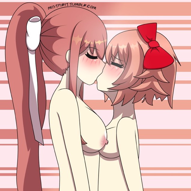 2girls, breasts, doki doki literature club, female, female only, girls kissing, hair ribbon, kissing, long hair, mistpirit, monika (doki doki literature club), multiple females, multiple girls, naked, pink hair, red hair, sayori (doki doki literature club), short hair, wholesome, yuri