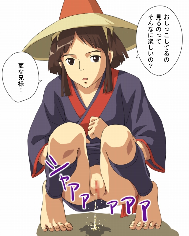 brown_eyes censored hat japanese_clothes kaya_(princess_momonoke) kimono orga peeing princess_momonoke pussy squatting studio_ghibli translated