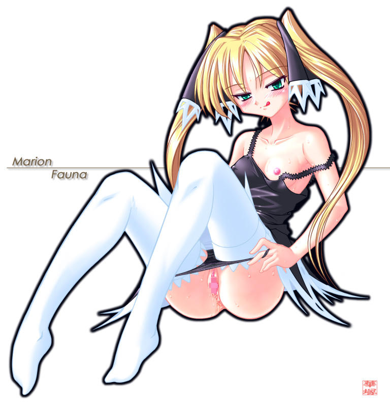 :q ass black_panties blonde_hair blush breasts censored clothing erect_nipples erect_nipples_under_clothes female green_eyes hanaduka hanazuka_ryouji long_hair marion_phauna nipple_slip nipples no_bra panties panty_pull pussy pussy_juice repeated_image shaman_king sitting small_breasts smile solo stockings strap_slip sweat thighhighs tied_hair toe-point tongue twintails underwear wet_pussy white_legwear white_thighhighs