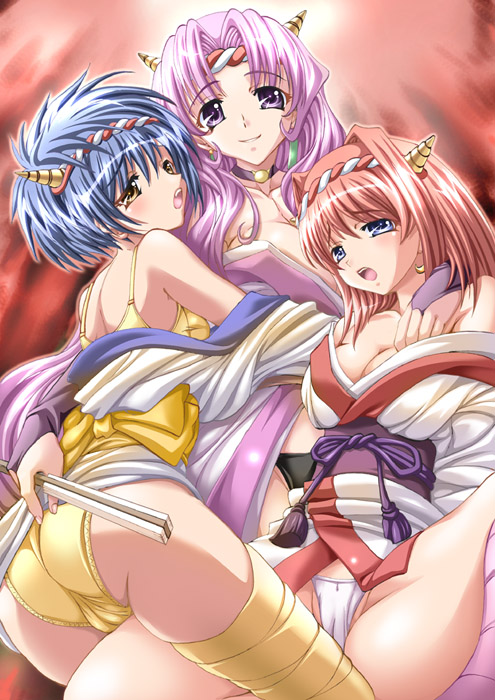 3girls blue_eyes blue_hair blush cameltoe choker closed_fan collar crotch_rub demon_girl earrings fan female folding_fan frottage group_hug group_sex horns hug jewelry long_hair moan moaning multiple_girls naughty_face oni open_mouth panties purple_eyes purple_hair red_hair sex shiruko short_hair thighhighs threesome underwear yellow_eyes yuri