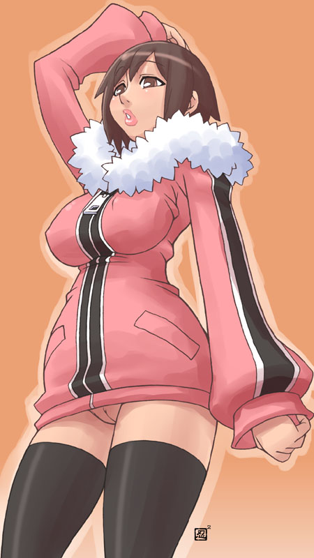 brown_hair kenix no_panties pussy sweater thighhighs