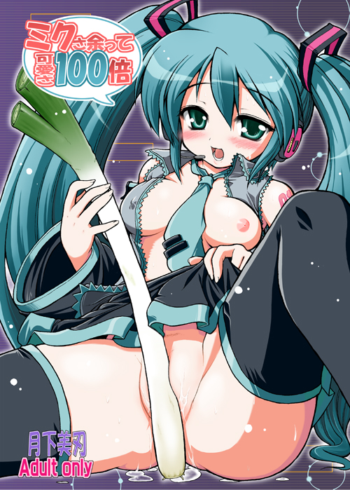 crotch_rub hatsune_miku leek masturbation nipples no_panties open_clothes open_shirt shirt skirt skirt_lift spread_legs spring_onion thighhighs tied_hair twintails vocaloid yatogami_shido zettai_ryouiki