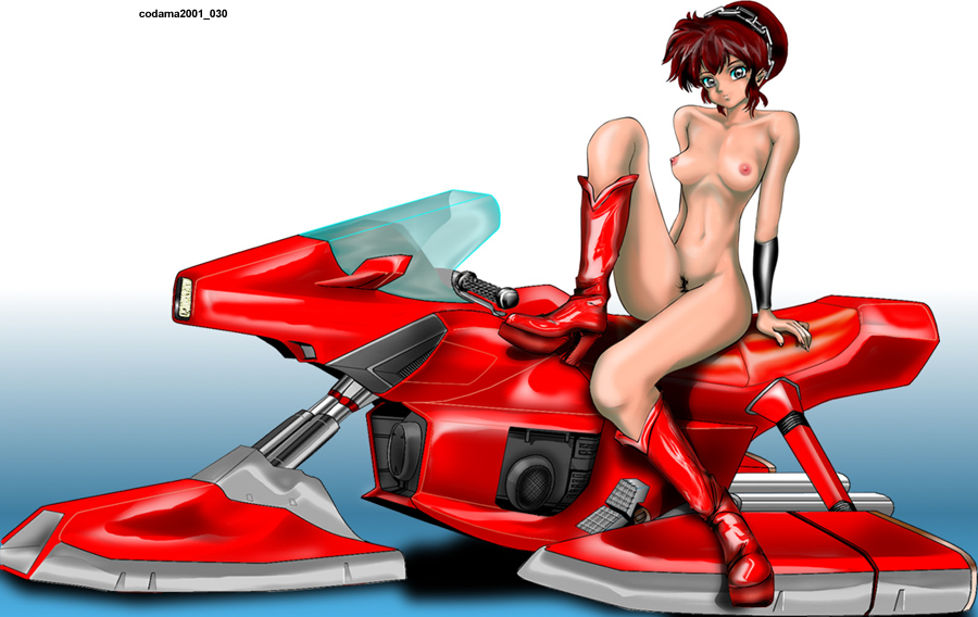 1girls 2001 benten biker biker_girl black_hair boots breasts chains codama female goddess hover_bike large_breasts light-skinned_female light_skin looking_at_viewer motor_vehicle motorcycle nipples nude pointy_chin pubic_hair short_hair solo tied_hair tomboy urusei_yatsura vehicle