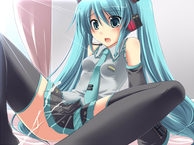 aqua_eyes aqua_hair female hatsune_miku long_hair miniskirt nagami_yuu necktie skirt thighhighs tied_hair twintails very_long_hair vocaloid