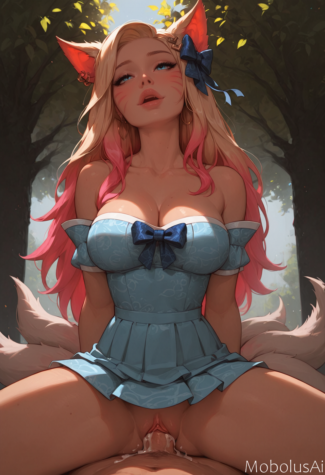 ahri, ahri (league of legends), ai generated, beautiful, behind tree, big breasts, blonde female, blonde hair, blue eyes, bow, cleavage, cum, cum dripping, cum dripping out of pussy, dress, earrings, female, female on top, female orgasm, fox ears, fox girl, k/da ahri, k/da all out ahri, k/da all out series, k/da series, league of legends, looking at viewer, mobolusai, multicolored hair, orgasm, orgasm face, park, pov, riding penis, sex, skirt, skirt lift, summer, summer dress, tail, tails, vaginal, vaginal penetration, vastaya