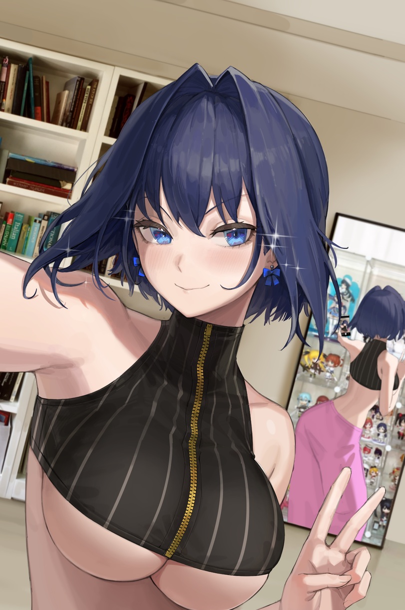 armpit, big breasts, blue hair, female, female only, hololive, hololive english, large breasts, maenoo, mirror, ouro kronii, peace sign, short hair, shoulders, solo female, underboob, virtual youtuber, vtuber