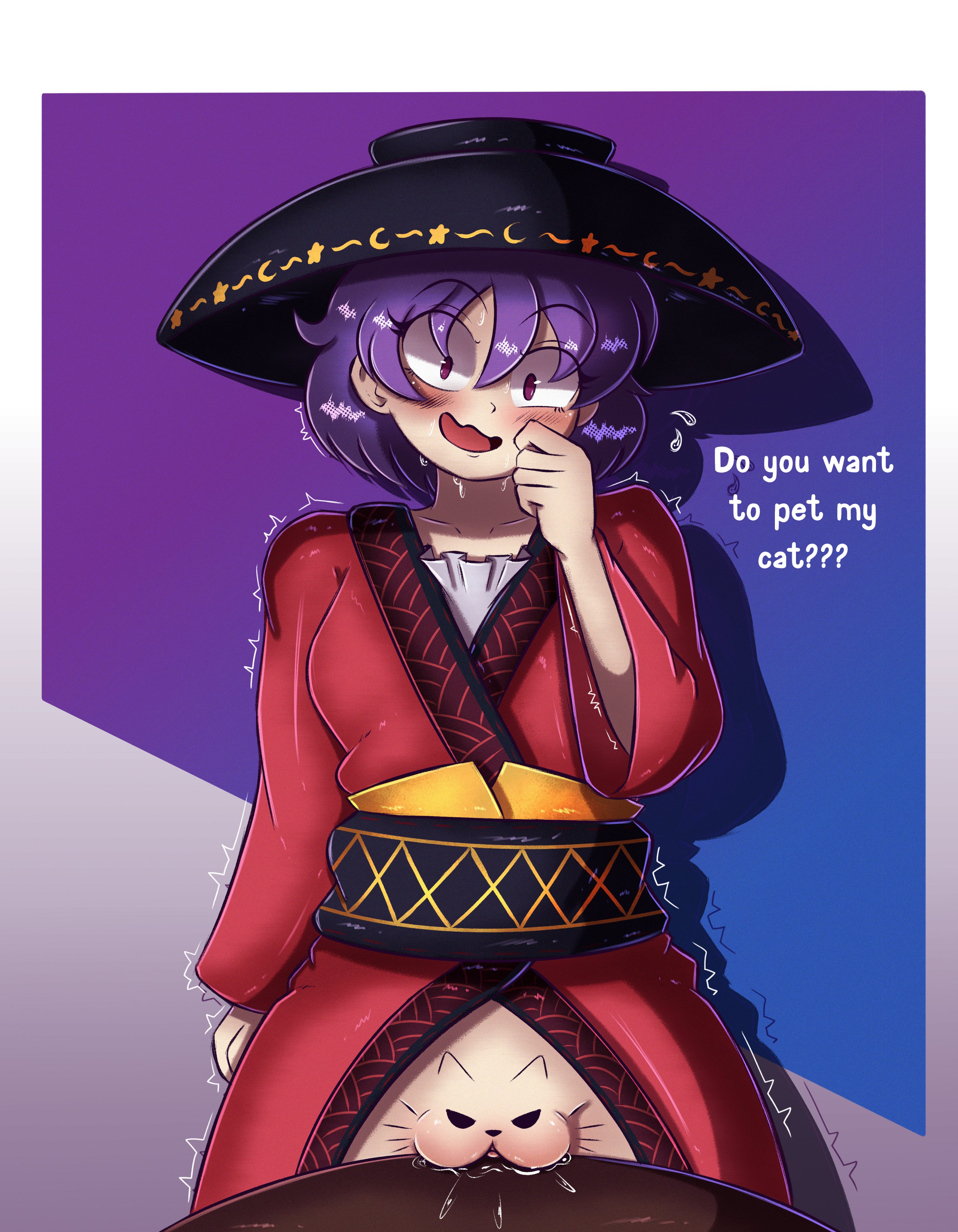 1girls, bowl hat, clitoris, dialogue, do you want to pet my cat (meme), erofabist, fabstdraws, grinding, magenta eyes, markings, plump labia, purple hair, red robe, sukuna shinmyoumaru, table, touhou