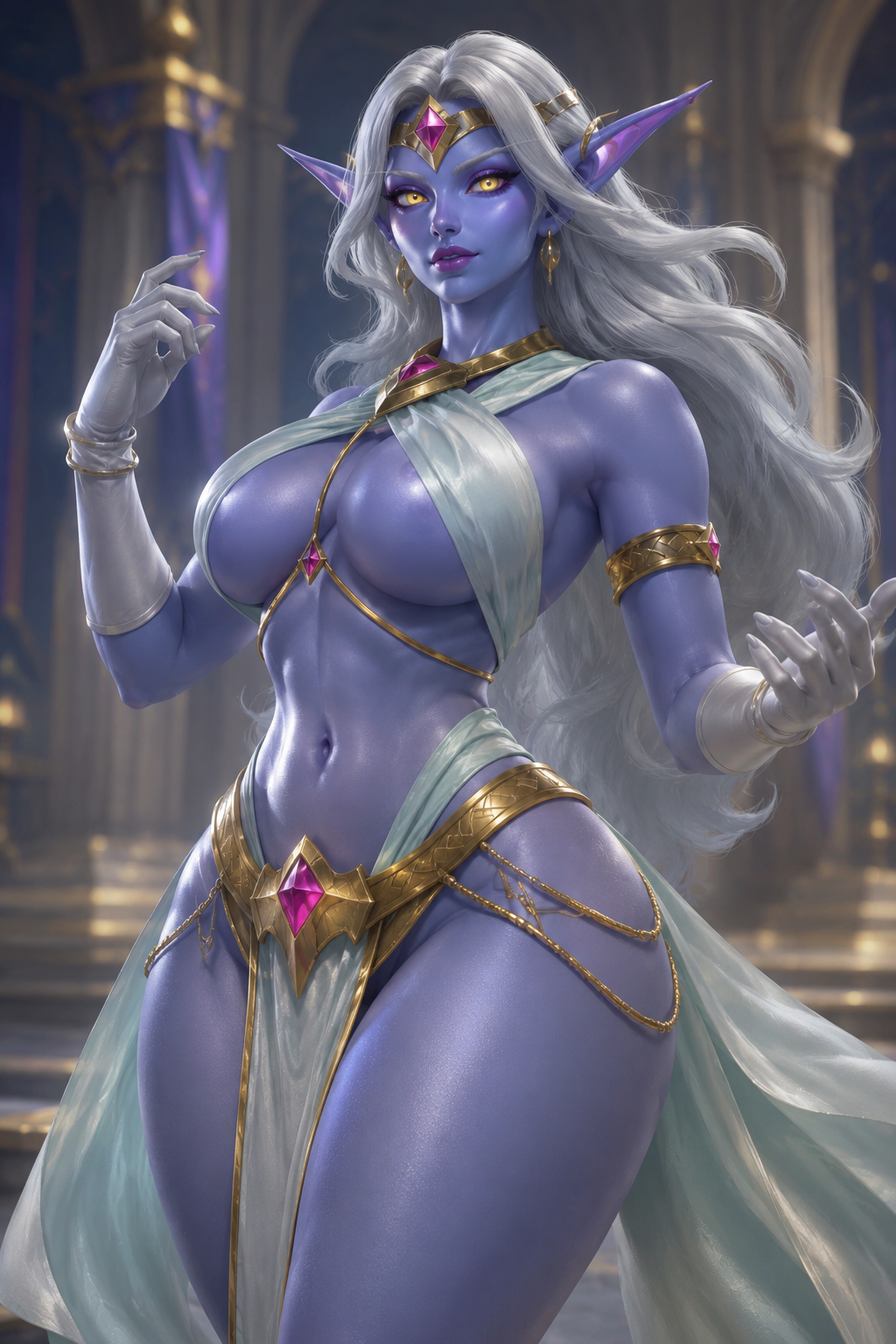 ai assisted, ai edit, ai generated, armlet, armpit crease, azshara, bangle, belly button, blurry background, chatgpt, circlet, dancer, earrings, edited ai, edited art, edited by uploader, edited official artwork, eyelashes, eyeshadow, fantasy, fantasy world, female, female only, flowing clothing, flowing hair, glossy body, glossy skin, glowing eyes, gold chain, harem jewelry, hourglass figure, inner sideboob, large breasts, lipstick, long gloves, long hair, looking at viewer, loose hair, luxurious, midriff, narrow waist, night elf, pelvic curtain, pillar, pose, purple skin, queen azshara, realistic, rgomez007, royal, royalty, seductive look, self upload, shiny skin, silver hair, slight smile, solo female, thick lips, underboob, waist chain, wide hips, world of warcraft, yellow eyes