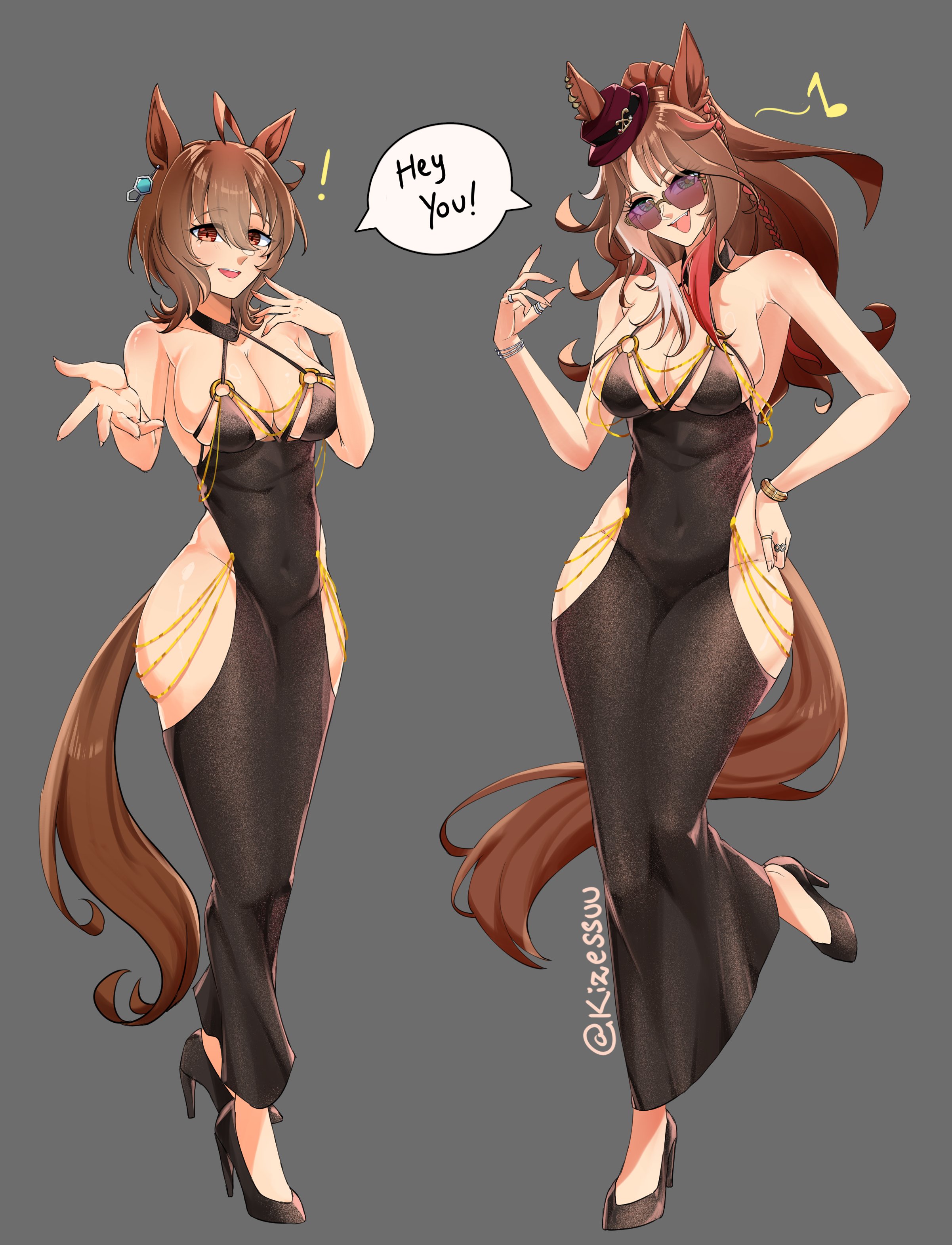 2girls, agnes tachyon (umamusume), animal ears, bare shoulders, big breasts, black dress, bracelet, breasts, brown hair, cleavage, covered navel, dress, eighth note, forever young (umamusume), full body, high heels, horse ears, horse girl, jewelry, kizessuu, long hair, looking at viewer, multiple girls, musical note, open mouth, side slit, smile, spoken musical note, sunglasses, thick thighs, tinted eyewear, umamusume
