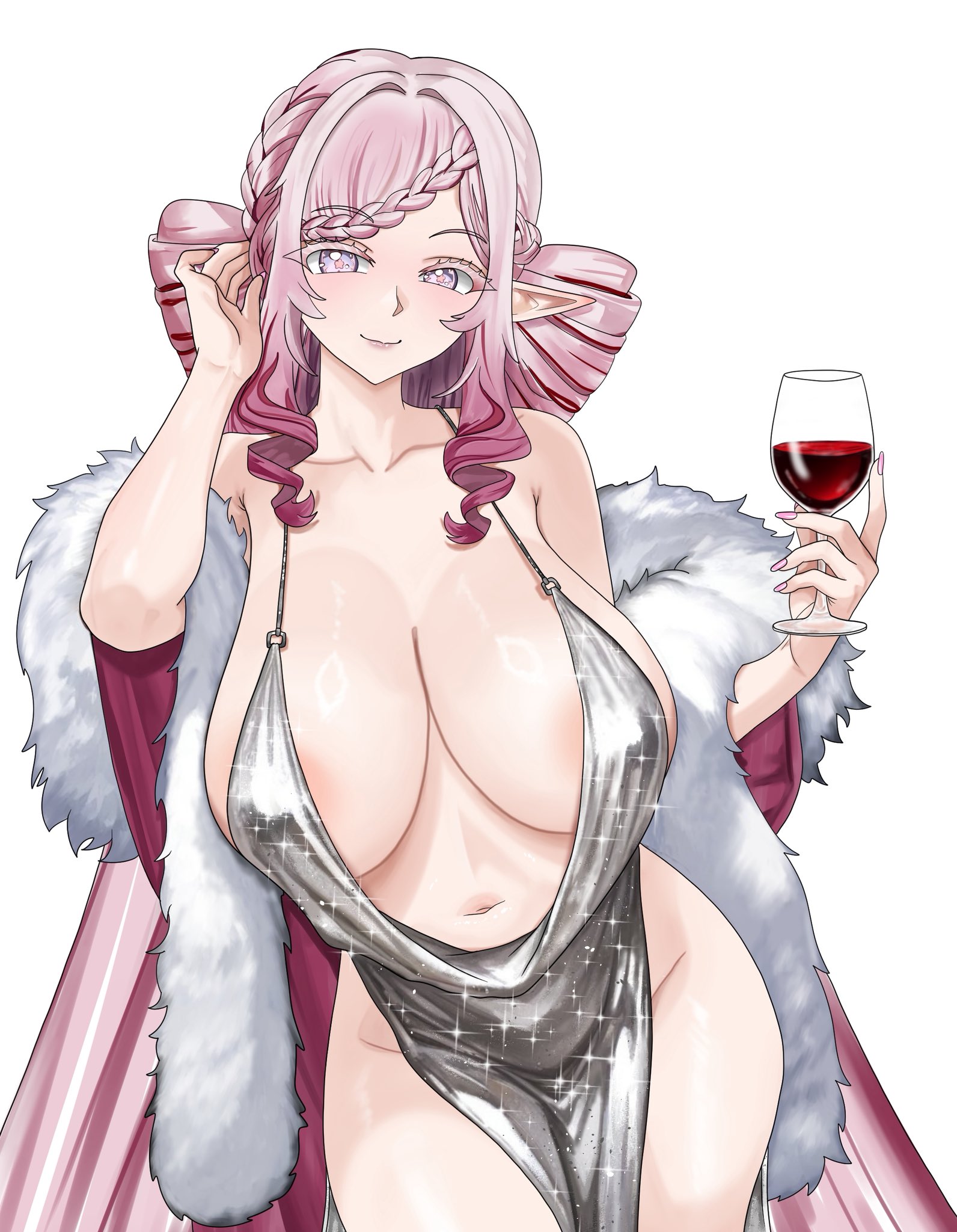 1girls, areola slip, belly button, breasts, classy, dress, drinking glass, eyebrows visible through hair, female, female only, glass, glass cup, huge breasts, ivan ramirez, light skin, light-skinned female, malice evermore, no bra, no panties, no underwear, phase connect, phase saga, pink eyes, pink hair, pointy ears, silver dress, simple background, solo, virtual youtuber, white background, wine, wine glass