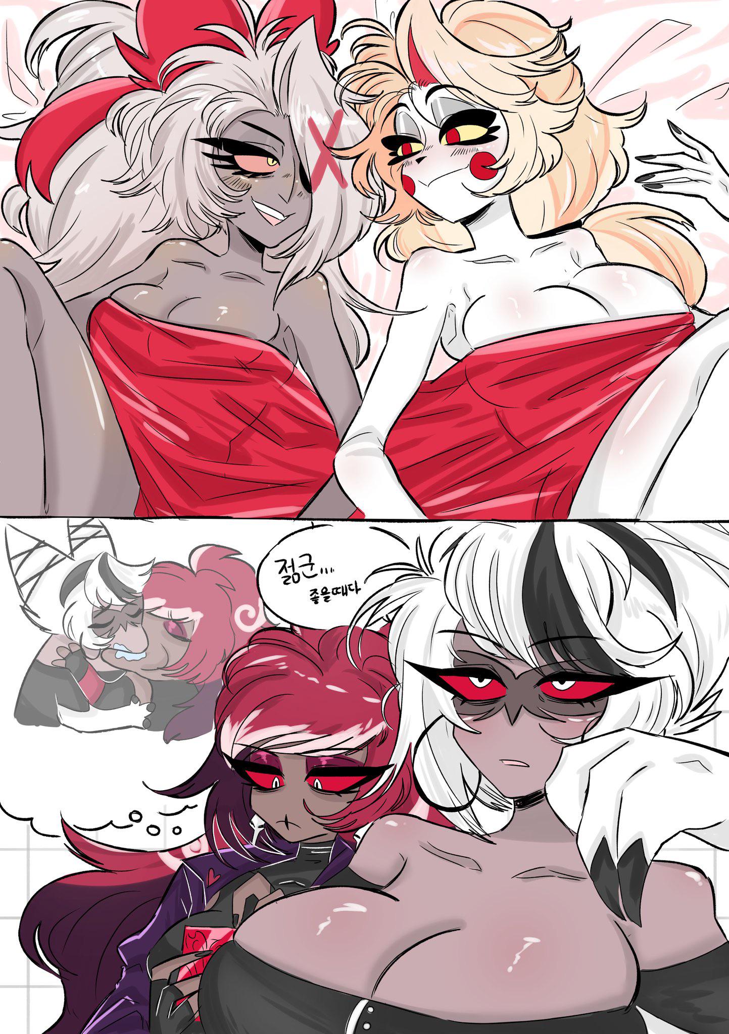 after sex, angel, angel girl, bed, blanket, blonde hair, carmilla carmine, charlie morningstar, charlie morningstar (hazbin hotel), covered nipples, dark-skinned female, demon, demon girl, dream, fallen angel, fantasizing, grey body, grey hair, grey skin, hazbin hotel, hellaverse, in bed, kissing, large breasts, lesbian, lesbian sex, lesbians, messy hair, one eye obstructed, pale-skinned female, phone, red eyes, red hair, text, two-tone hair, vaggie (hazbin hotel), velmilla, velvette, vivienne medrano, western cartoon, white hair, yellow eyes, yuri