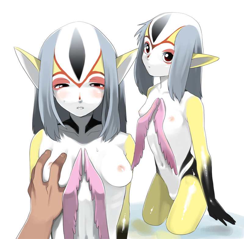 1girls blue_submarine_no._6 blush breast_grab breasts female foolishmix grey_hair humanoid long_hair marine monster_girl mutio nipples pointy_ears red_eyes silver_hair small_breasts white_background yellow_skin