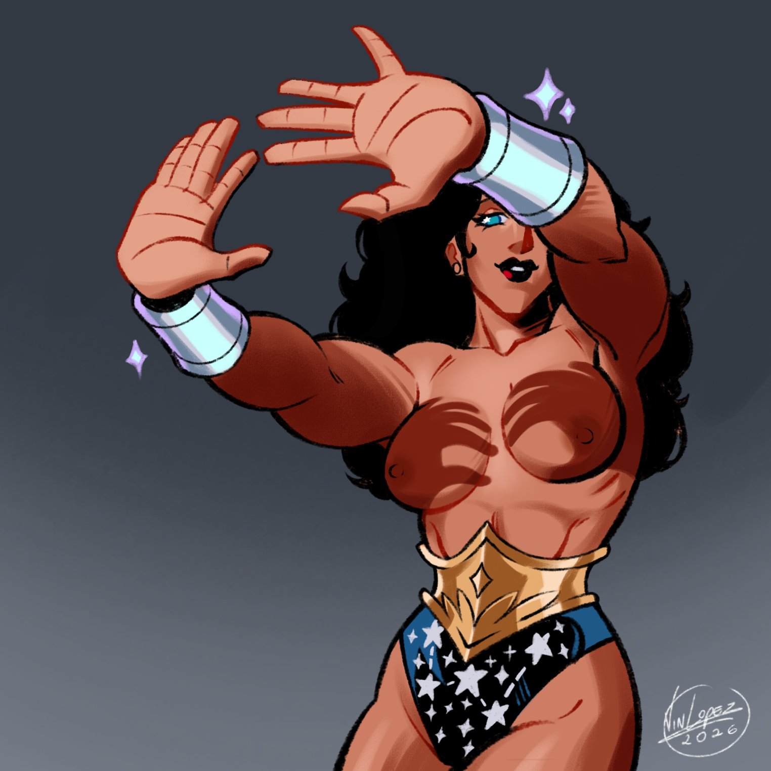 1girls, 2026, amazon, athletic, athletic female, big breasts, bracelets of submission, breasts, breasts exposed, breasts out, casual, clothing, dc, dc comics, diana of themyscira, exposed breasts, female, female only, hands casting shadow, hips, human, muscular, muscular female, nipples, nipples exposed, nipples visible, nonsexual, nonsexual nudity, nude, nude female, pale skin, superheroine, tan body, tan skin, tan skinned female, topless, topless female, vin lopez, visible nipples, wonder woman, wonder woman (series)