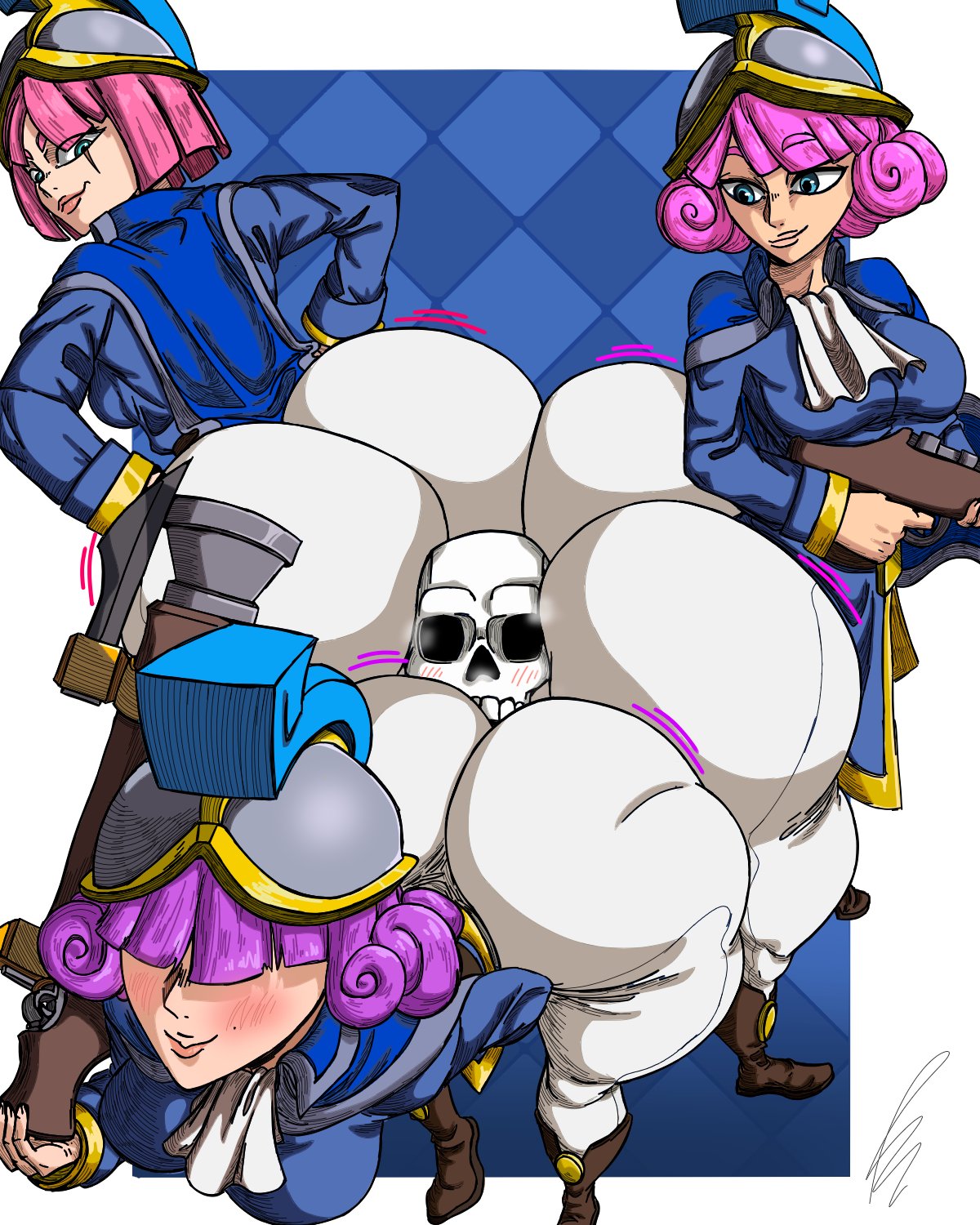 2d, 2d (artwork), 3girls, alternate ass size, alternate body type, ass, ass bigger than head, ass focus, ass sandwich, bendraws, big ass, big breasts, blushing, bottom heavy, bubble ass, bubble butt, clash (series), clash royale, enormous ass, fat ass, female focus, female only, gigantic ass, hair over eyes, huge ass, massive ass, musketeer (clash royale), phat ass, pink hair, round ass, round butt, seductive eyes, seductive look, seductive smile, size play, thick ass, thick thighs, three musketeers (clash royale), trio, trio female, wide thighs