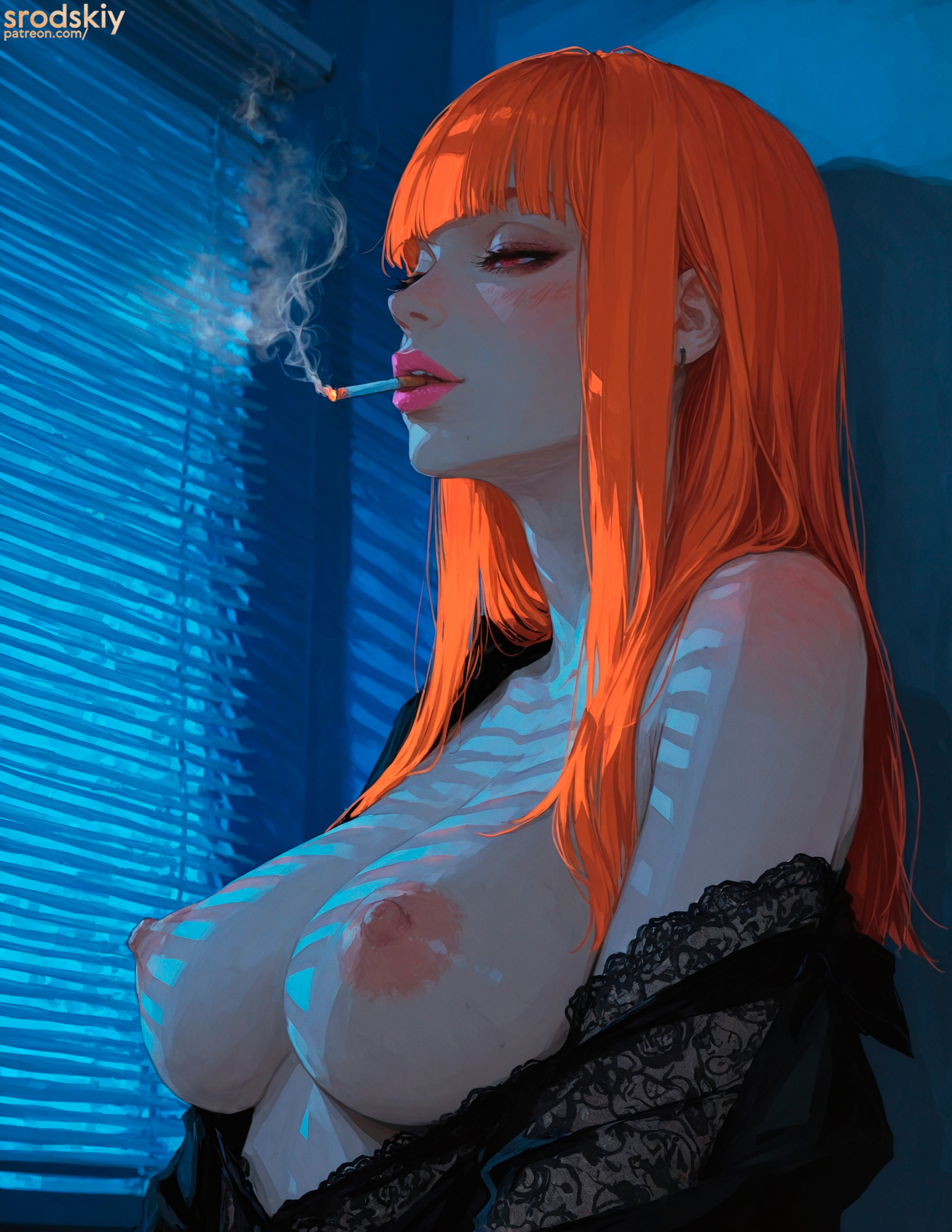 , 1girls, ai generated, big breasts, cigarette, cigarette in mouth, female, gyaru, hentai, lipstick, miho (sei yariman gakuen enkou nikki), misono miho, orange hair, perky breasts, perky nipples, rogue, sei yariman gakuen enkou nikki, slutty female, smoking, srodskiy, tagme, vulgar