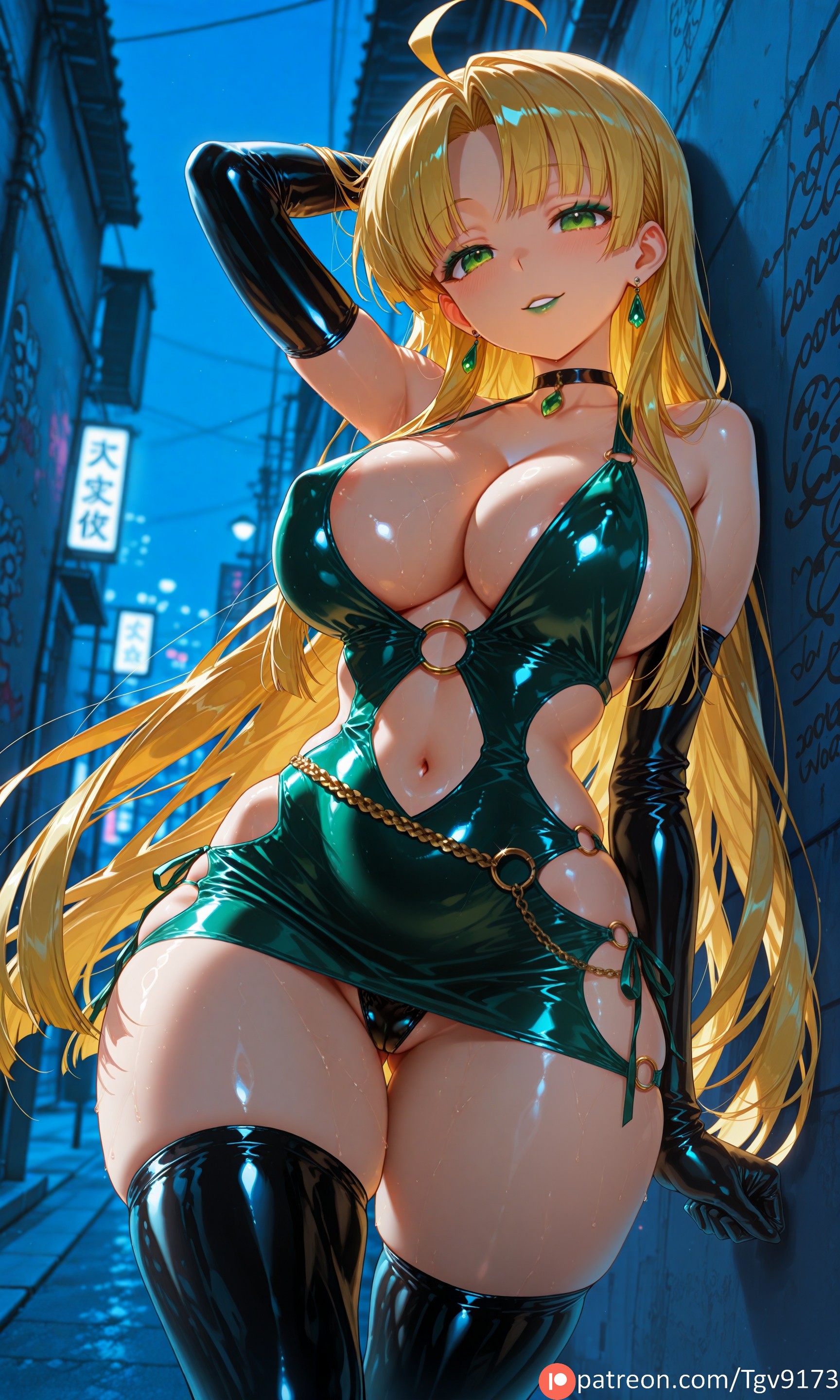 1girl, ahoge, ai generated, asia argento, ass visible through thighs, bangs, bare shoulders, bimbo, bimbofication, black gloves, black panties, black thighhighs, blonde hair, blush, bodycon, breasts, choker, cleavage, collarbone, commission, commission art, commissions open, corruption, dress, earrings, elbow gloves, gloves, green dress, green eyes, high school dxd, highschool dxd, jewelry, large breasts, latex, long hair, looking at viewer, more at source, navel, night, o-ring, outdoors, panties, parted lips, patreon, pixiv, pixiv commission, pixiv link, pixiv sample, prostitution, provocative, revealing clothes, sample, self upload, shiny, shiny clothes, shiny skin, short dress, skindentation, smile, solo, tgv9173, thighhighs, thighs, underwear