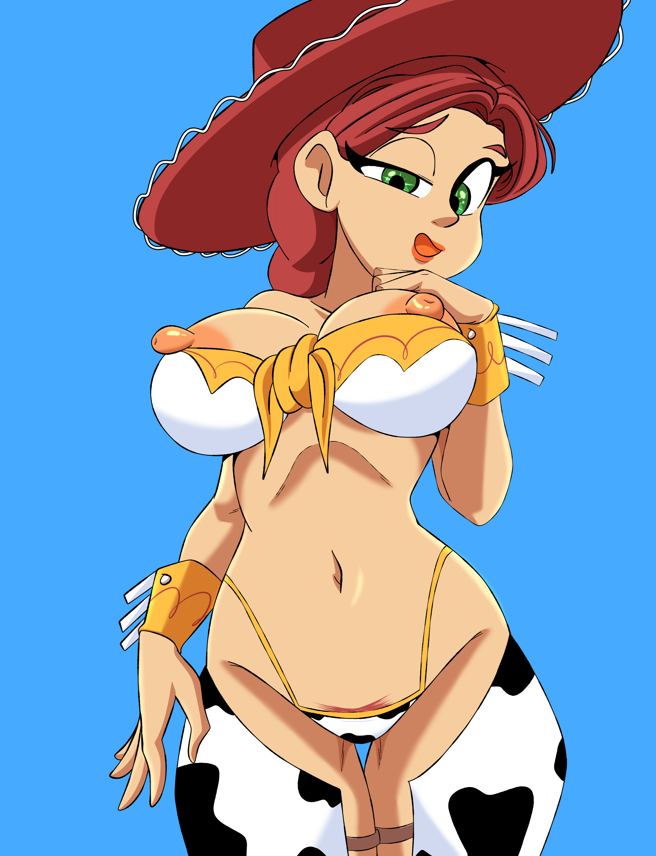 1girls, artlaccer (artist), bikini, bikini bottom, blue background, bra, breasts, cleavage, clothing, cow print legwear, cowgirl, disney, eyelashes, female, female only, green eyes, hat, human, human only, jessie (toy story), legwear, light skin, light-skinned female, long hair, looking at viewer, mature, mature female, nipples, open mouth, pixar, ponytail, red hair, red hat, solo, solo female, solo focus, toy story, voluptuous, voluptuous female
