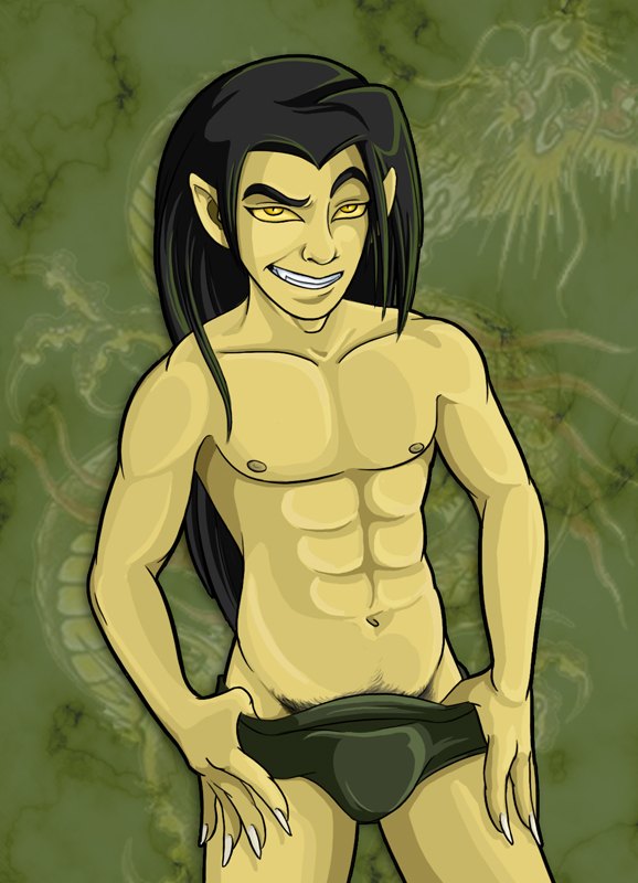 black_hair briefs chase_young claw claws dominatrixm fangs gold_eyes grin happy_trail long_hair male male_only nothing_to_censor pointy_ears pubic_hair smile solo striptease tagme undressing xiaolin_showdown yellow_eyes