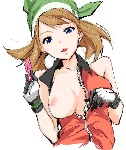 alternate_costume bad_id bandana blue_eyes breast_slip breasts brown_hair condom female female_only gloves green_bandana hat holding_condom human human_only may_(pokemon) may_(pokemon_emerald) naughty_face nintendo nipples one_breast_out pokemon pokemon_rse solo toru_k unzipping