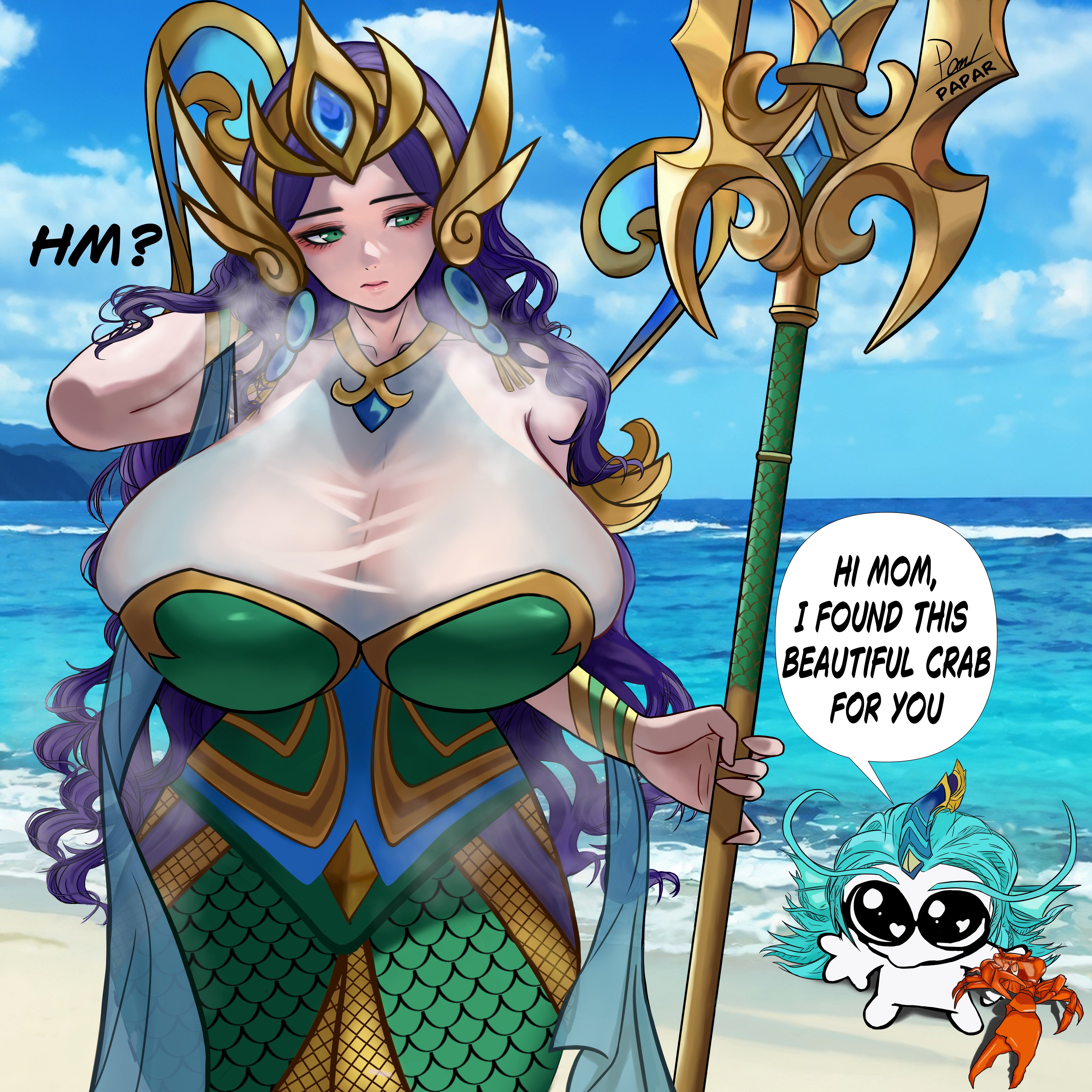 alternate version at source, beautiful, beautiful background, big breasts, big eyes, breath, crab, cute, english text, female, kadita (mobile legends), kalea (mobile legends), mobile legends, no sex, seaside, tagme, text, text bubble, transparent clothing