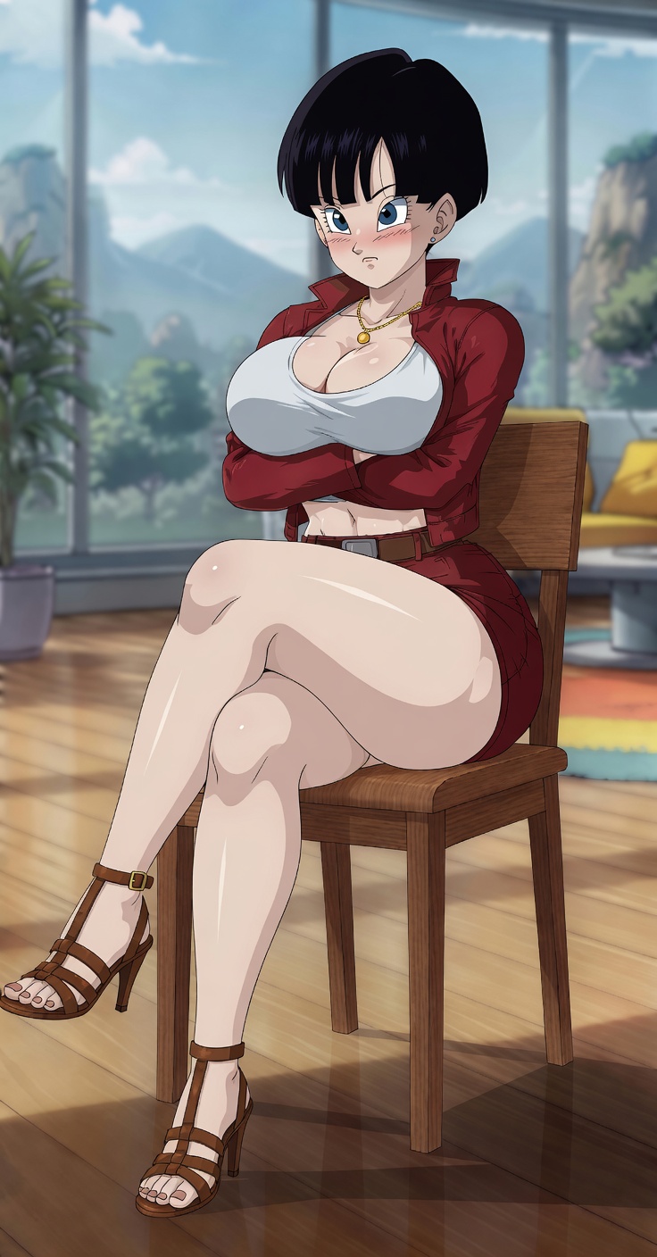 1girls, ai generated, big breasts, blackroga, chair, clothed, dragon ball, dragon ball z, female only, heels, high heels, indoors, jacket, legs crossed, midriff, milf, sexy, shirt, short skirt, skirt, thick legs, thick thighs, videl, videl (short hair), voluptuous