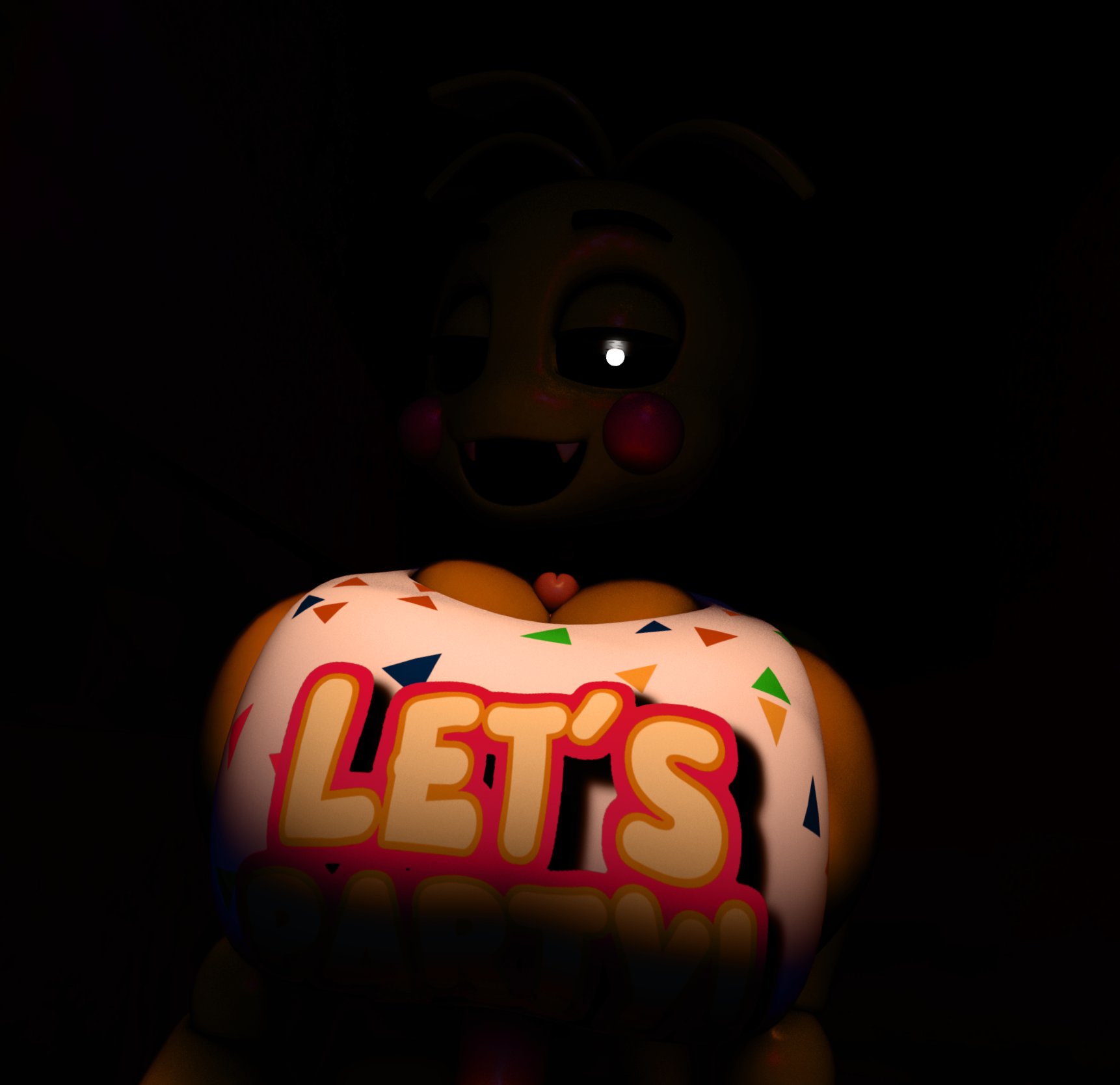 3d, 3d (artwork), 3d model, animatronic, animatronic female, beakless, big breasts, breasts, chicken, chicken girl, female, five nights at freddy's, five nights at freddy's 2, fnaf, penis between breasts, phasianid, robot, robot girl, scottgames, stickynotess, straight, toy chica (fnaf), toy chica (octal), yellow, yellow skin
