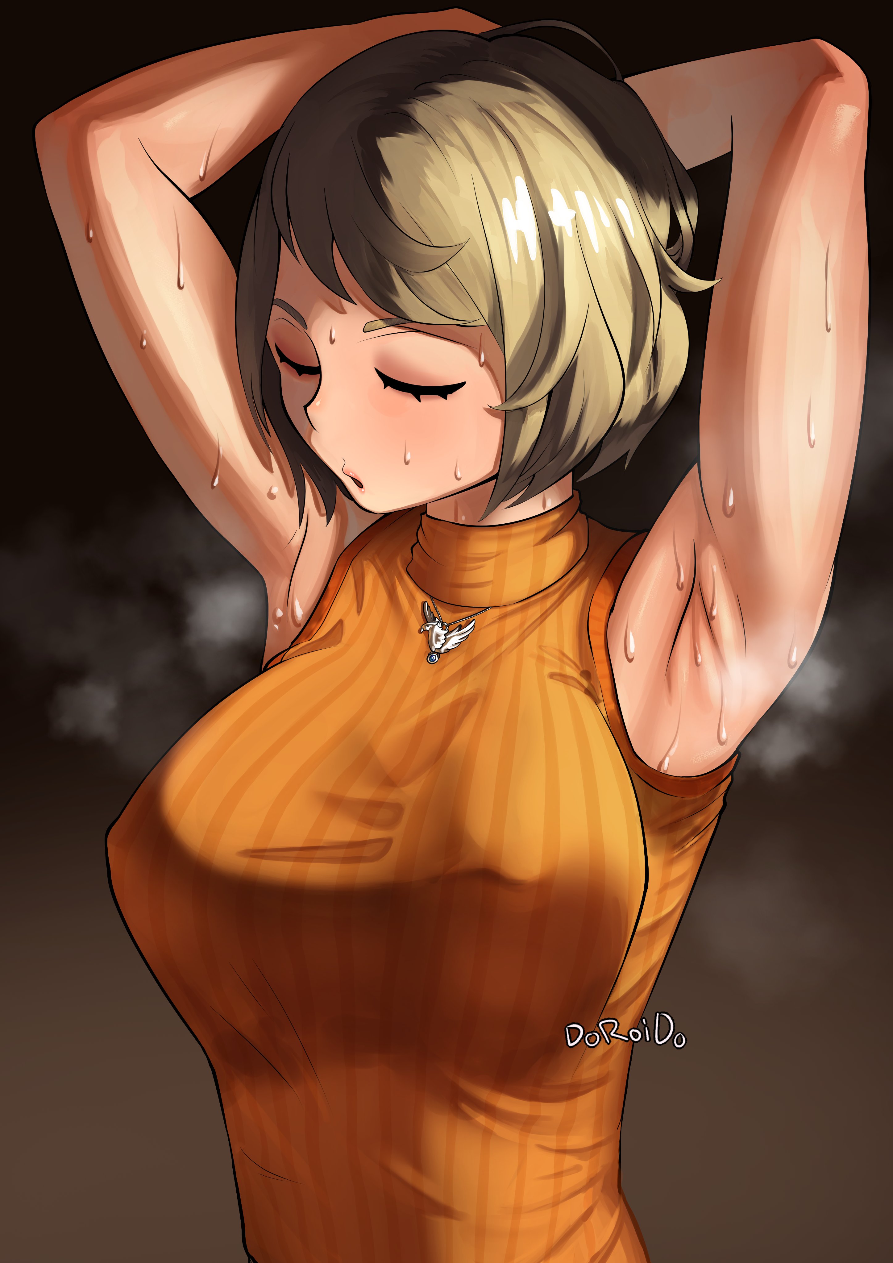 1girls, armpits, arms up, artist request, ashley graham, big breasts, black background, blonde hair, blush, breasts, capcom, closed eyes, covered nipples, doroido, large breasts, orange shirt, resident evil, resident evil 4, shirt, short hair, sleeveless, solo, steaming body, sweat, tagme, turtleneck, upper body