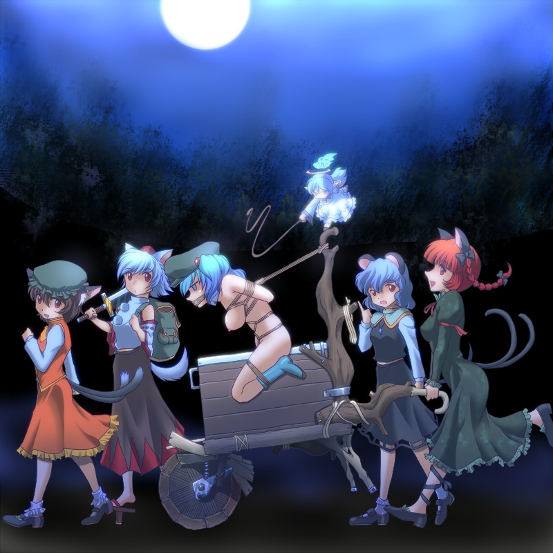 animal_ears backpack bag bondage braid breasts brown_hair cat_ears cat_tail chen detached_sleeves earrings empty_eyes frogtie gag gagged geta grey_hair hair_bobbles hair_ornament hair_ribbon hat jewelry momiji_inubashiri moon mouse_ears mouse_tail multiple_tails nazrin night nipples nitori_kawashiro pendant randoseru red_eyes red_hair ribbon rin_kaenbyou short_hair silver_hair sky sword tail tengu-geta tied_hair tokin_hat touhou twin_braids twintails uncensored wancozow weapon wheelbarrow whip wolf_ear wolf_tail wooden_horse zombie_fairy