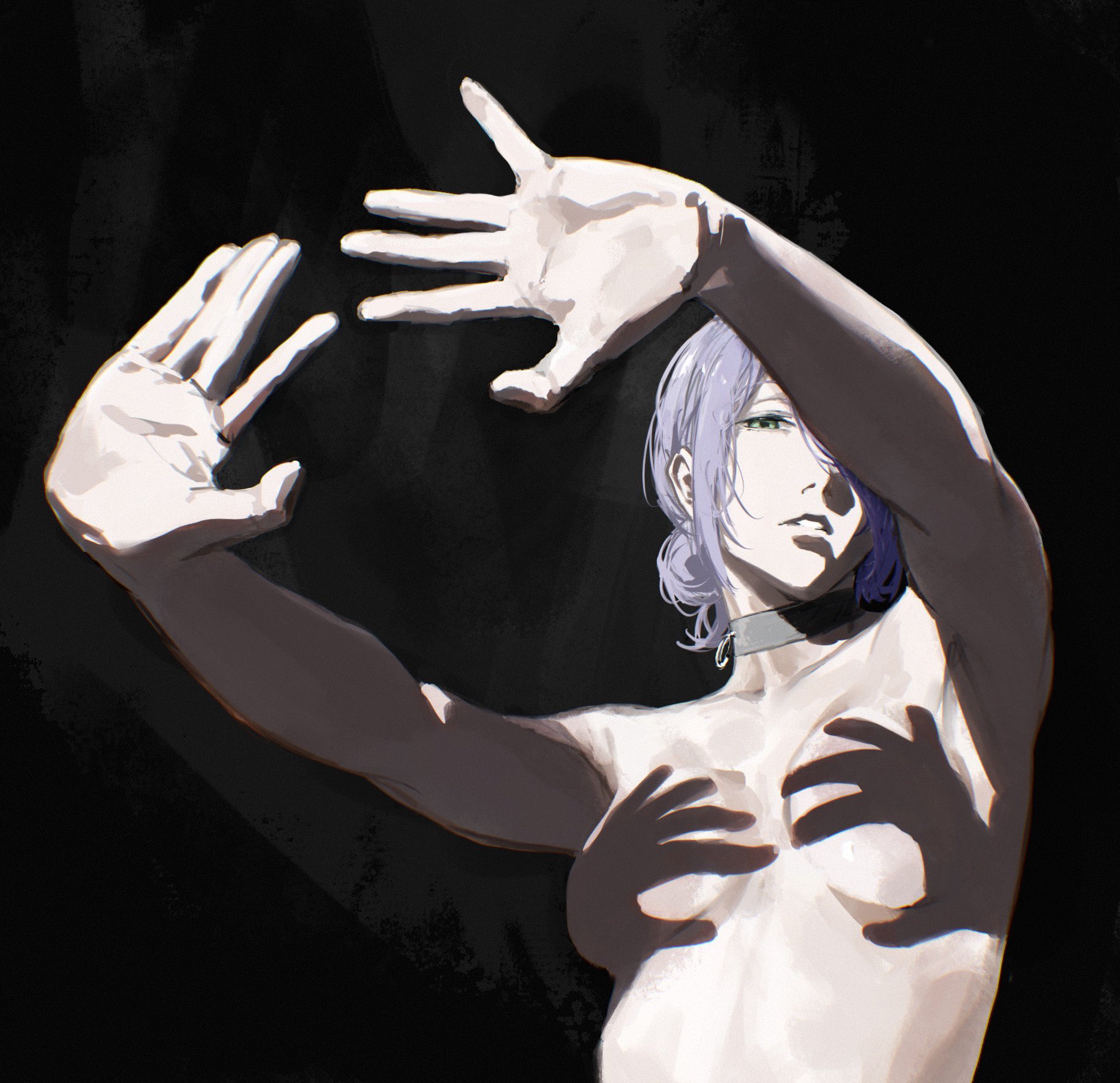 1girls, arms extended, artistic nude, breasts, chainsaw man, choker, covering breasts, female, female only, hands casting shadow, purple hair, raberu ruru, reze (chainsaw man), small breasts, solo, solo female, tagme