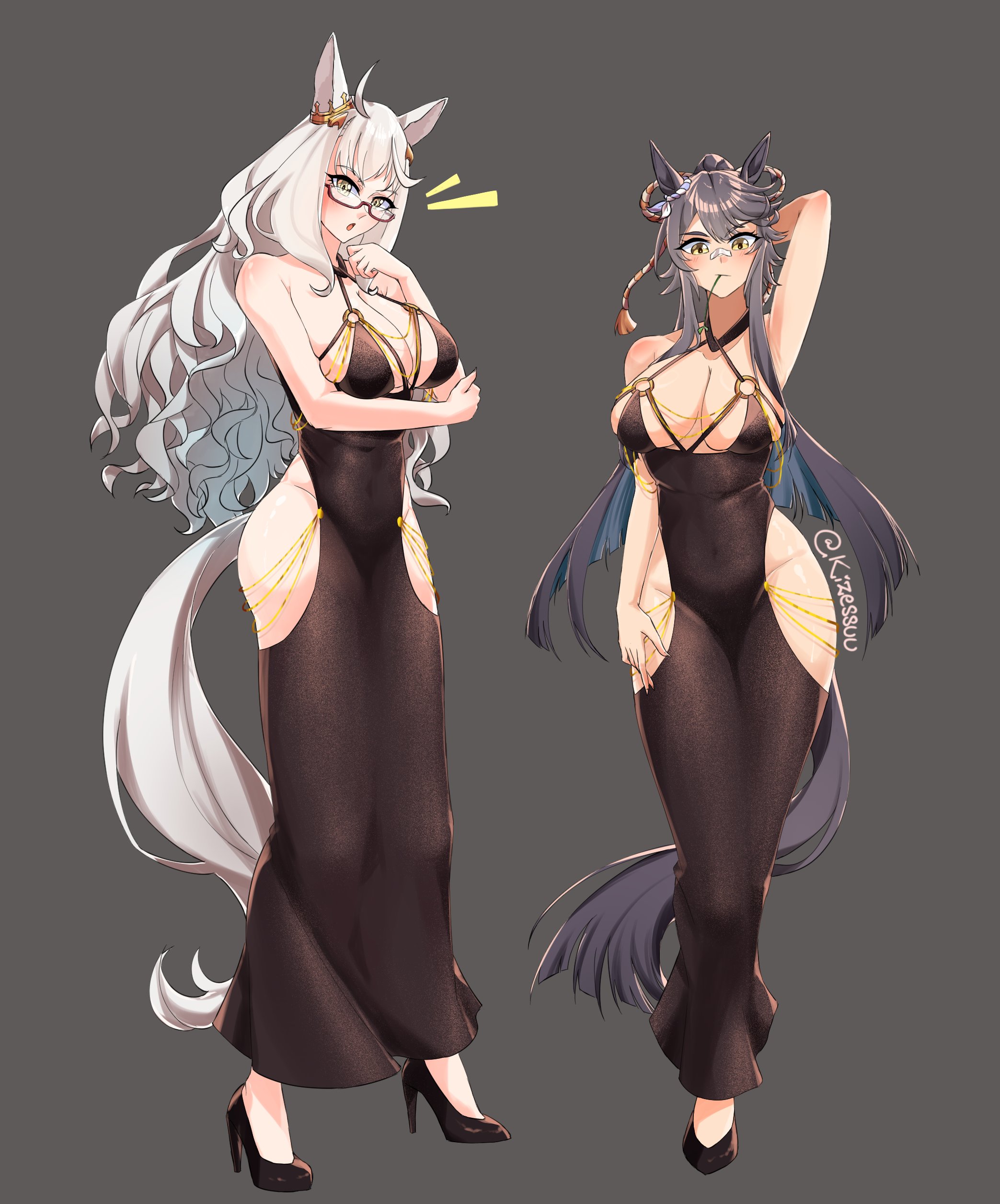 2girls, animal ears, bare shoulders, big breasts, biwa hayahide (umamusume), black dress, black footwear, breasts, cleavage, covered navel, dress, full body, glasses, grey hair, high heels, horse ears, horse girl, kizessuu, large breasts, long hair, looking at viewer, multiple girls, narita brian (umamusume), semi-rimless eyewear, simple background, sleeveless, standing, tagme, thick thighs, umamusume, very long hair, white hair, yellow eyes