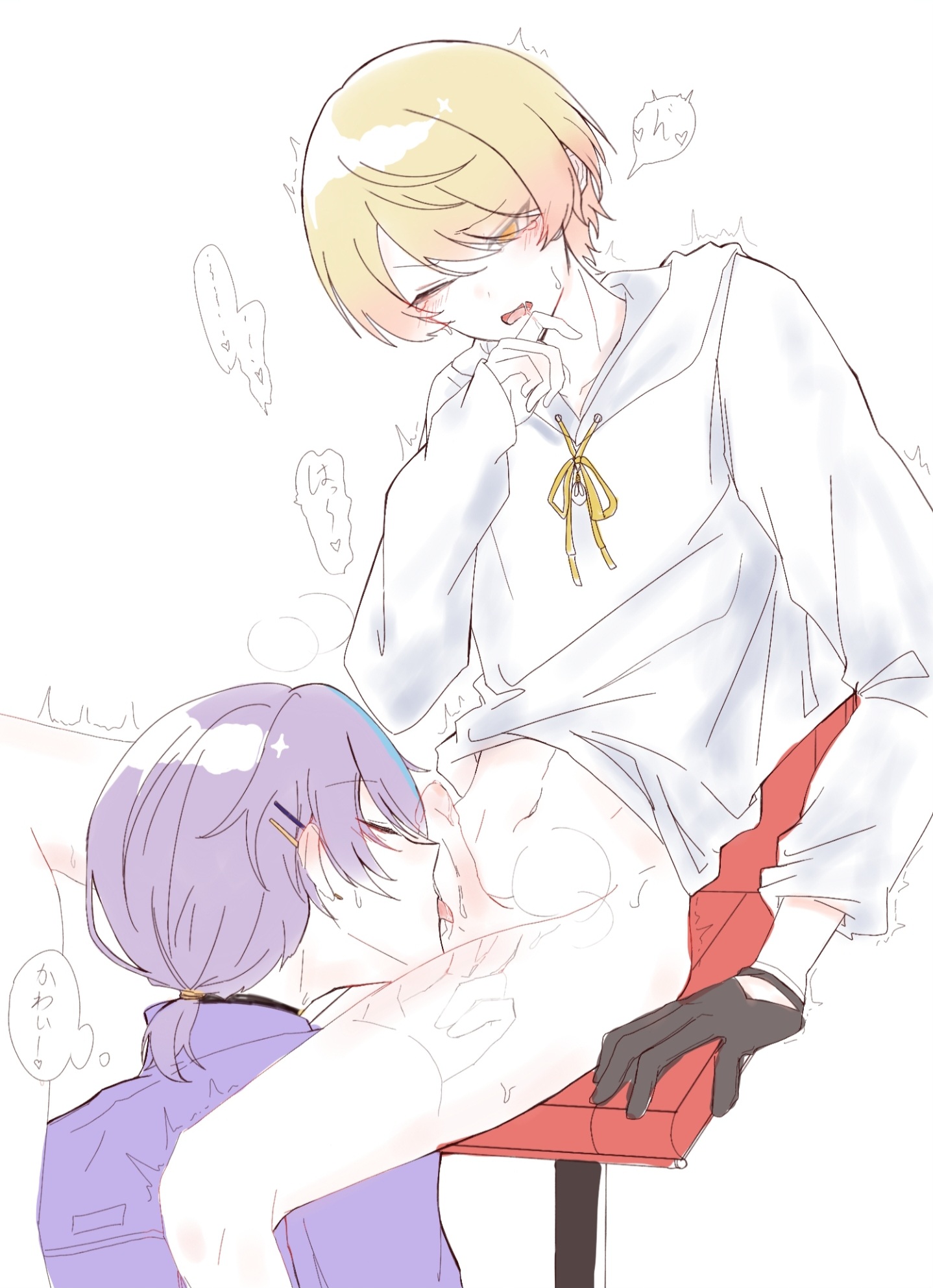 2boys, blonde hair, blonde hair male, blonde-haired male, breath, breath cloud, breathing, clothed, clothing, cock, dick, erect penis, erection, gay, heart, hearts, japanese text, kamishiro rui, licking, licking penis, looking down, moan, moaning, moaning in pleasure, penis, pleasure face, project sekai, purple hair, purple hair male, spikes, sweat, sweatdrop, sweating, sweaty, sweaty legs, tenma tsukasa, tremble lines, trembling, trembling for pleasure, yaoi, yellow eyes