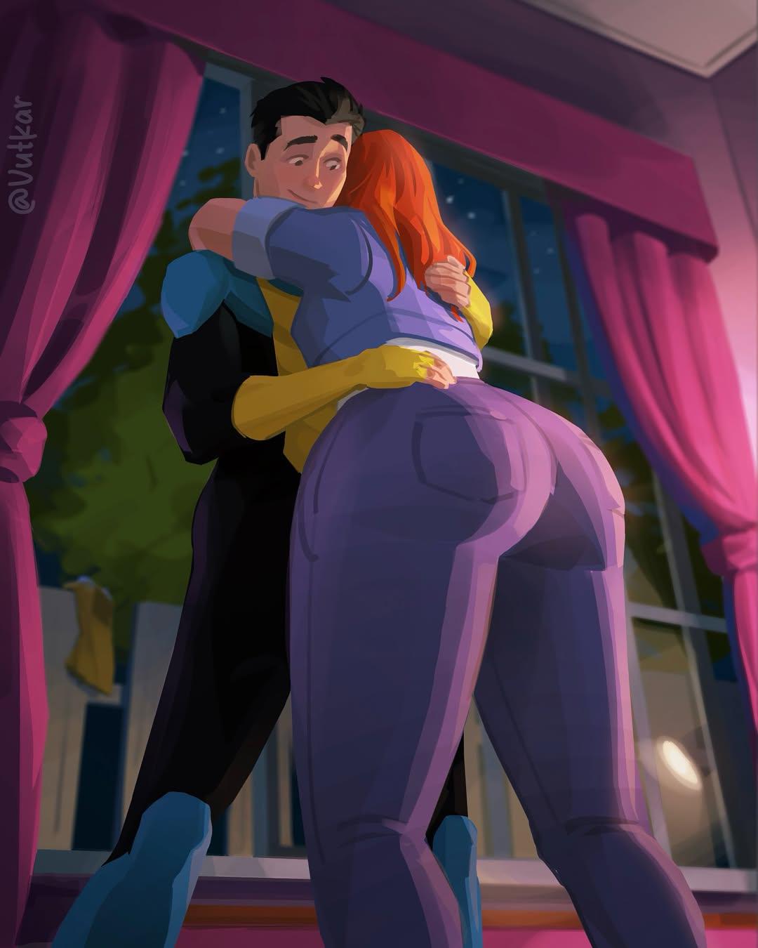 1boy, 1boy1girl, 1girls, 2026, artist request, asian, asian male, ass, ass focus, atom eve, big ass, big butt, black hair, butt, canon couple, canonical scene, chubby, chubby female, clothed, couple, curvaceous, curvy, curvy figure, dat ass, duo, fat ass, hair, hetero, hug, huge ass, huge thighs, hugging, invincible, invincible (superhero), invincible (tv series), jeans, large ass, looking at ass, mark grayson, medium breasts, night, official alternate costume, orange hair, pants, pawg, post-pregnancy, samantha eve wilkins, source request, standing, superhero, thick thighs, thighs, voluptuous, voluptuous female, vutkar, wide hips