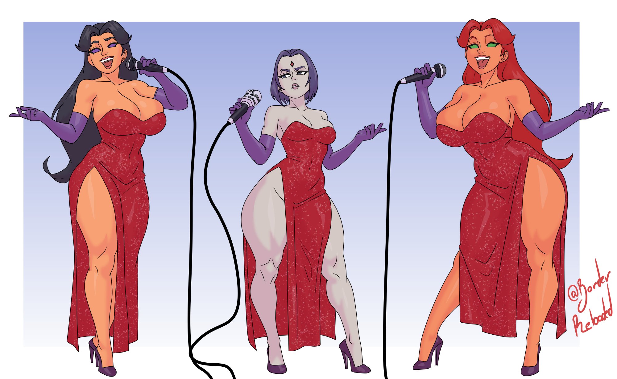 2d, 3girls, alien, armwear, artist name, bare shoulders, big breasts, black hair, blackfire, blue background, borderreloaded, breasts, cleavage, collarbone, cosplay, curvy, dc comics, disney, dress, elbow gloves, eyelashes, female, female focus, female only, forehead jewel, frown, full body, gloves, gradient background, green sclera, grey body, high heels, highres, hips, holding object, human, humanoid, jessica rabbit (cosplay), koriand'r, large breasts, lips, lipstick, long hair, looking away, looking to the side, makeup, medium breasts, microphone, navel, navel visible through clothes, open mouth, orange skin, parted lips, pinup, pupilless eyes, purple eyes, purple hair, purple lipstick, purple sclera, rachel roth, raven (dc), red dress, red hair, shiny skin, short hair, signature, simple background, singing, smile, starfire, strapless, strapless dress, tan skin, teen titans, teeth, thick thighs, thighs, tongue, trio, trio female, twins, voluptuous, white border, who framed roger rabbit, wide hips