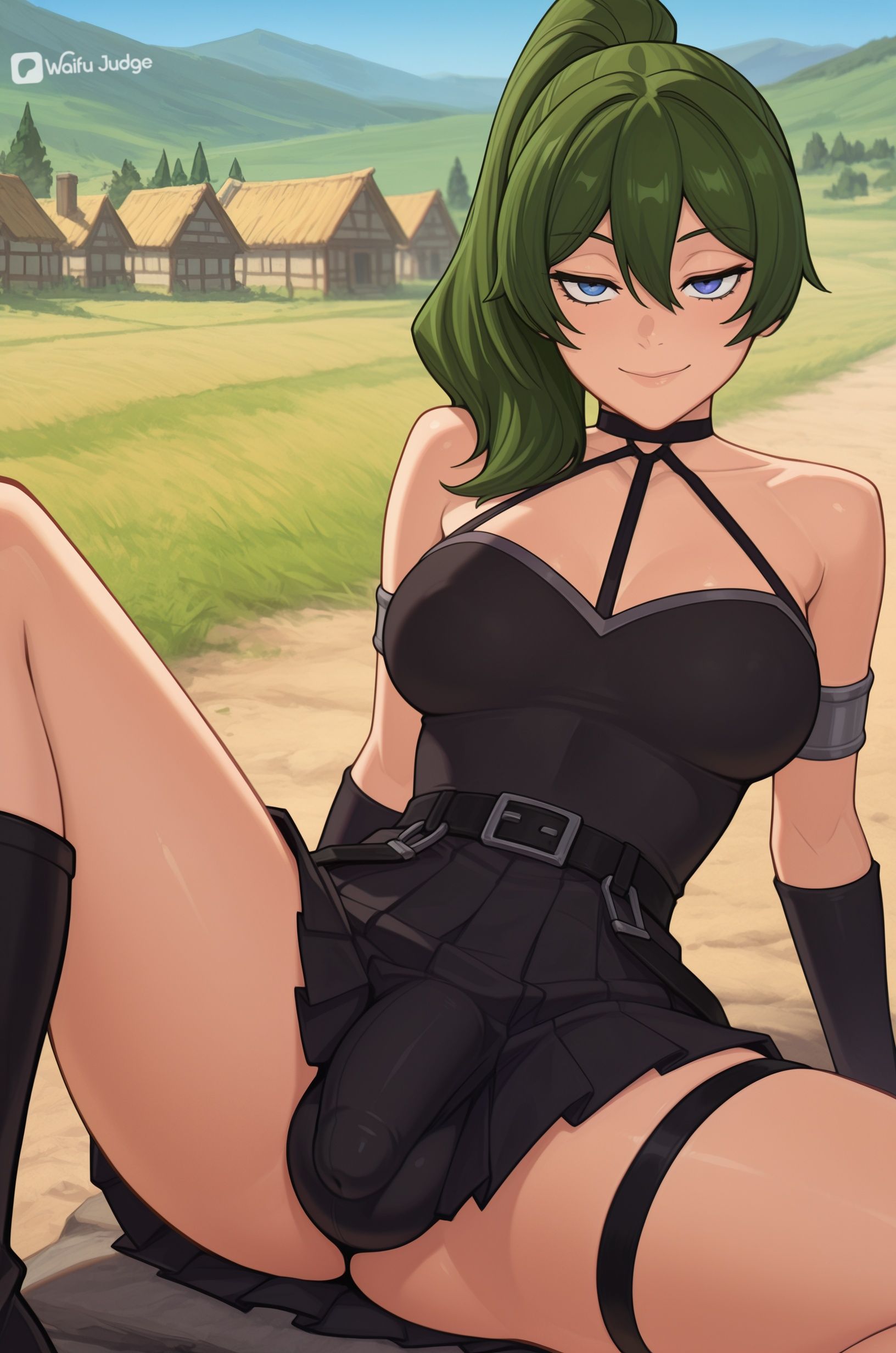 1boy, 1girl, ai assisted, ai generated, artist name, bangs, bare shoulders, belt, big bulge, black gloves, blue eyes, blush, boots, breasts, bulge, bulge through clothing, bulge under clothes, censored, choker, cleavage, closed mouth, collarbone, curvy, day, dress, erection, eyebrows visible through hair, frieren beyond journey's end, futa only, futanari, gloves, green hair, hair between eyes, jewelry, large breasts, long hair, looking at viewer, medium breasts, medium cock, medium penis, mole, original, outdoors, panties, panties bulge, penis, ponytail, pussy, sexy, sitting, skirt, sky, slim, slim waist, smile, solo, sousou no frieren, spread legs, testicles, thigh strap, thighs, ubel (sousou no frieren), underwear, waifu judge
