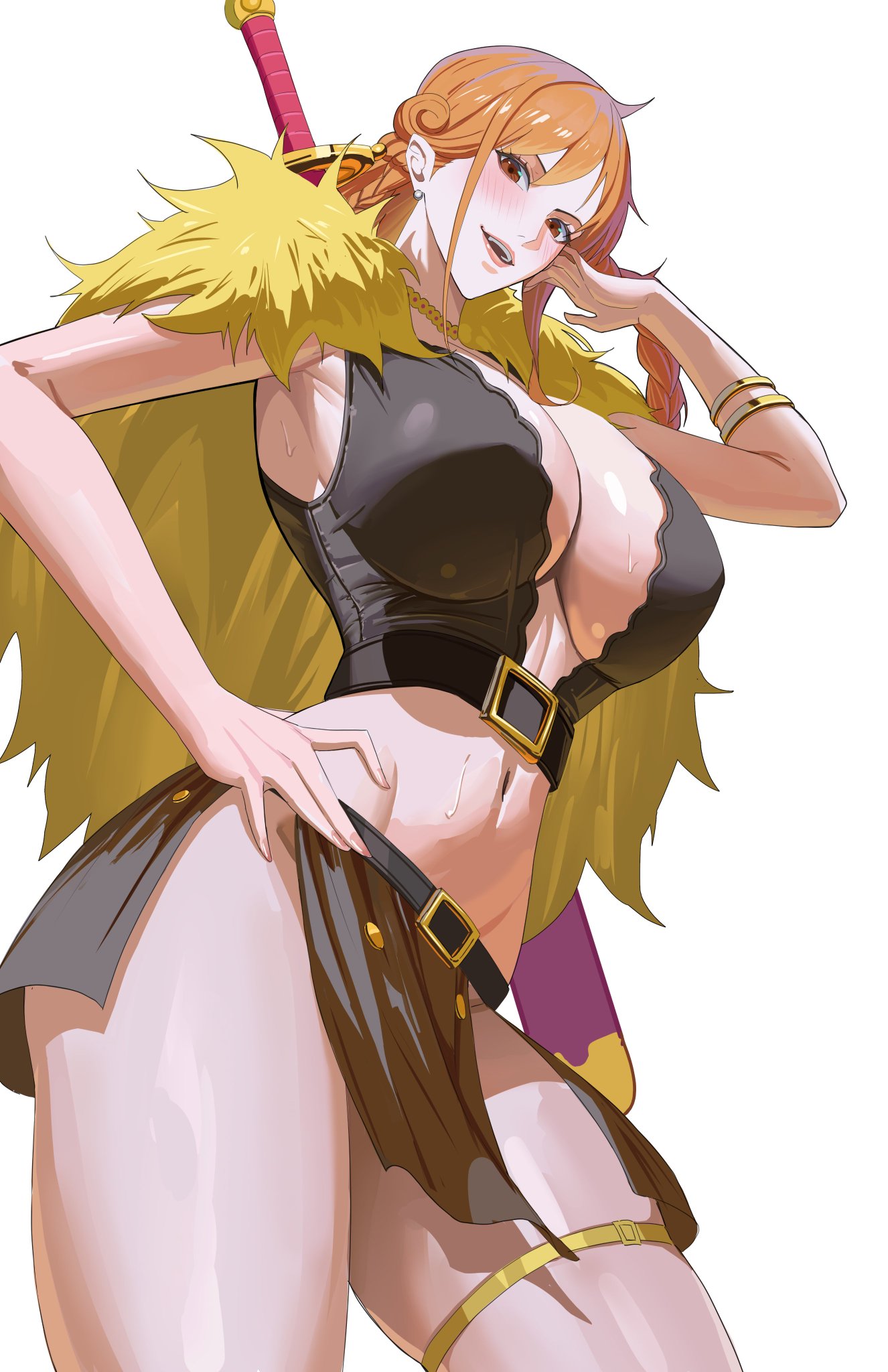 female, female only, large breasts, long hair, looking at viewer, nami (one piece), one piece, one piece: elbaf arc, rasipan, red hair, simple background, tagme, viking, viking female