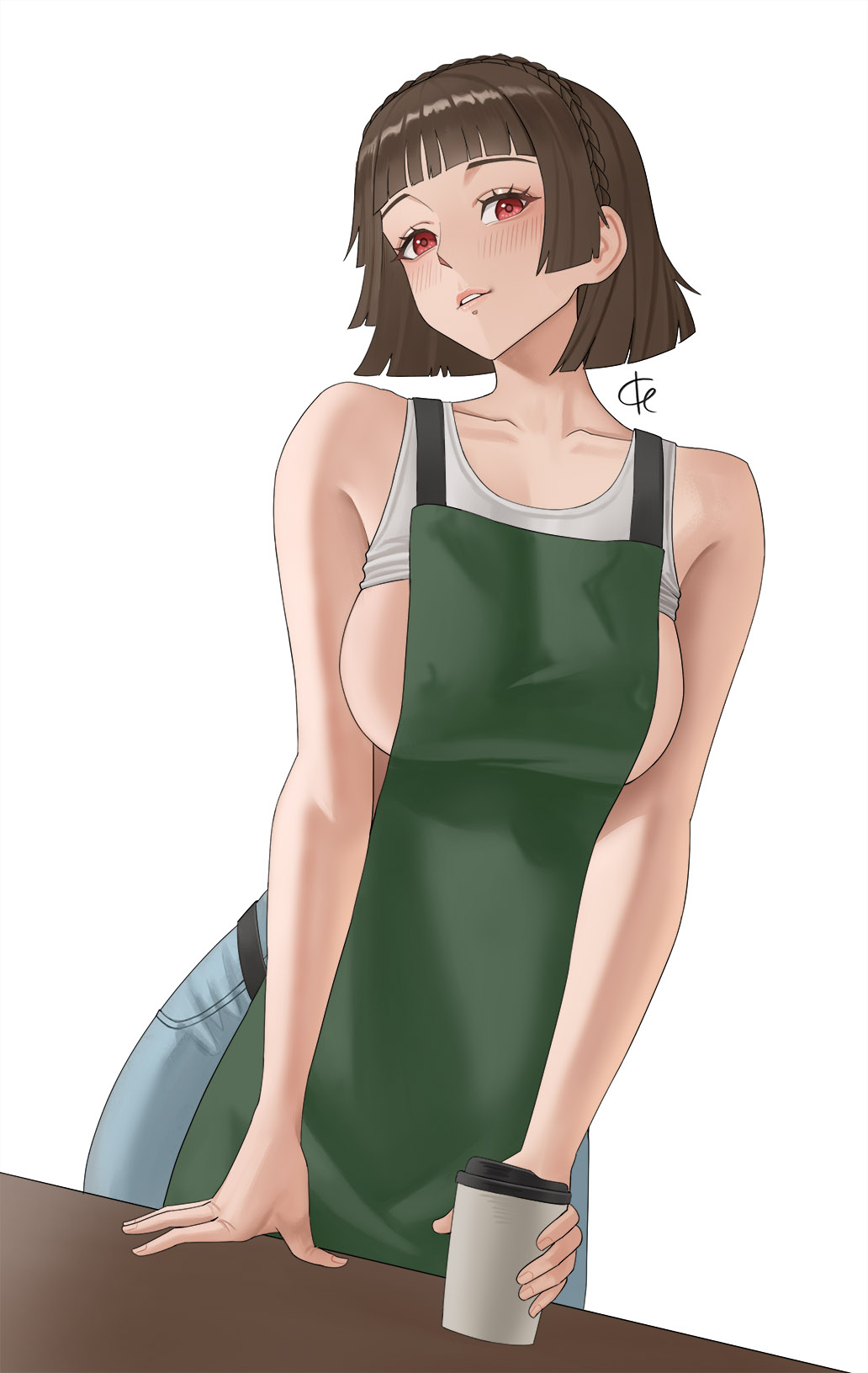 1girls, apron, bare shoulders, barista, blush, breasts, brown hair, coffee cup, covered nipples, degalinx, female, green apron, jeans, large breasts, looking at viewer, makoto niijima, pants, persona, persona 5, red eyes, shirt, shirt lift, short hair, simple background, tank top, tank top lift, white background, white shirt