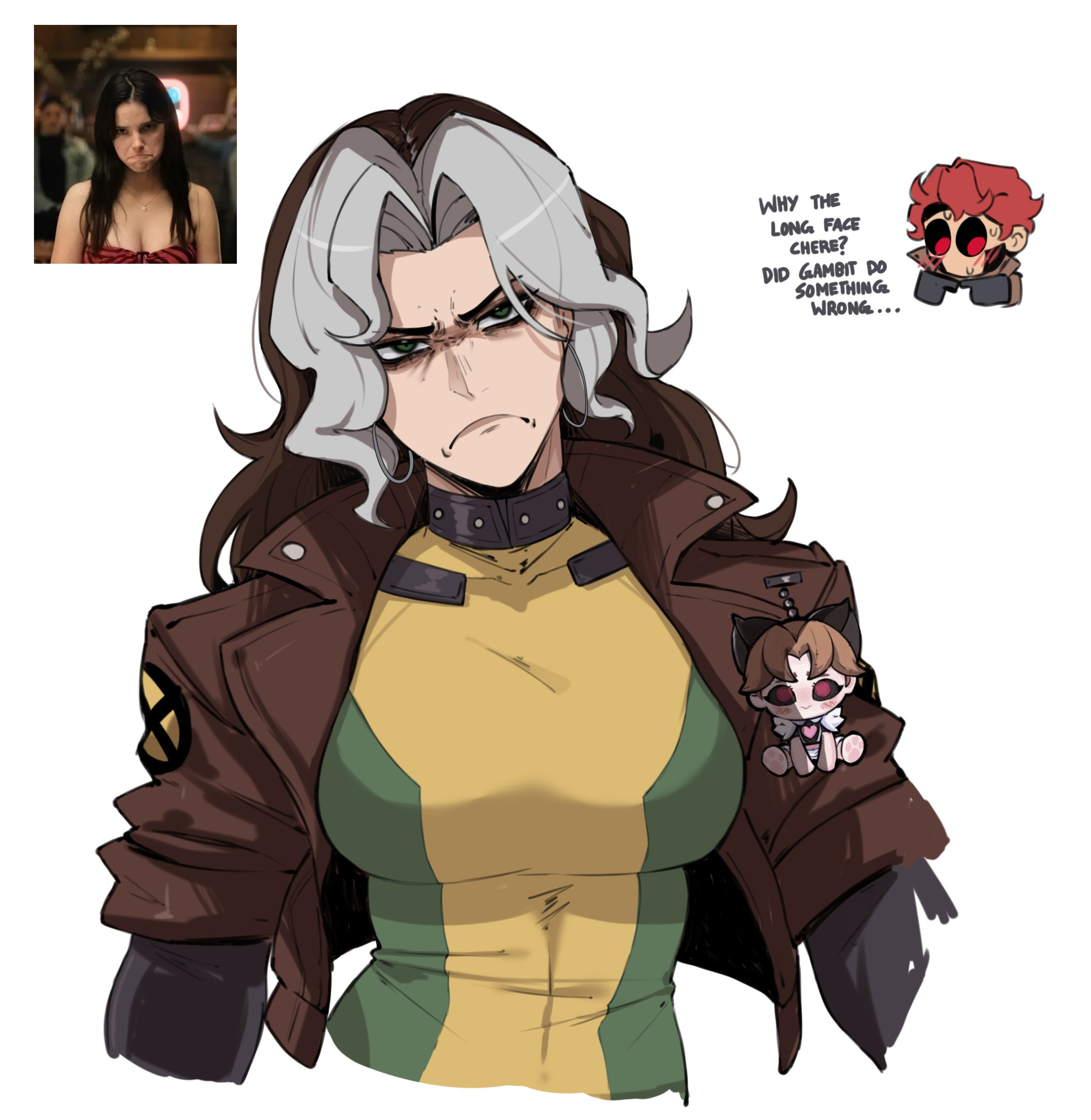 1boy, 1girls, 2d, big breasts, clothed, dialogue, female, female focus, fully clothed, gambit, gambit (marvel rivals), inde navarrette, light skin, light-skinned female, light-skinned male, looking at viewer, marvel, marvel rivals, masoq095, obsession (film), pout, pouting, reference image, rogue (marvel rivals), rogue (x-men), sad, sad face, solo, tight clothing, tight fit, white background, x-men