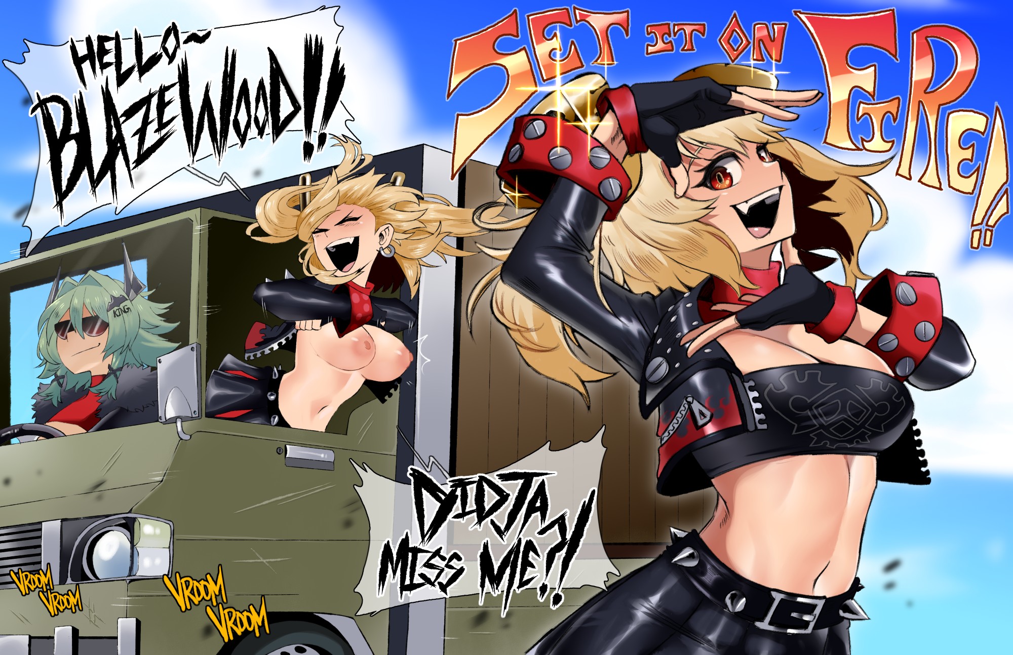 2girls, belt, blonde hair, breasts, burnice white, caesar king (zenless zone zero), closed eyes, closed mouth, clothes lift, commentary, cropped jacket, driving, earrings, english commentary, english text, fang, flashing, floating hair, green hair, hair ornament, highres, jacket, jewelry, kinjero, leaning forward, lifting own clothes, long hair, long sleeves, looking at viewer, midriff, motor vehicle, multiple girls, multiple views, navel, nipples, open clothes, open jacket, open mouth, red eyes, shouting, skirt, smile, spiked belt, spikes, steering wheel, stomach, strapless, sunglasses, truck, tube top, zenless zone zero