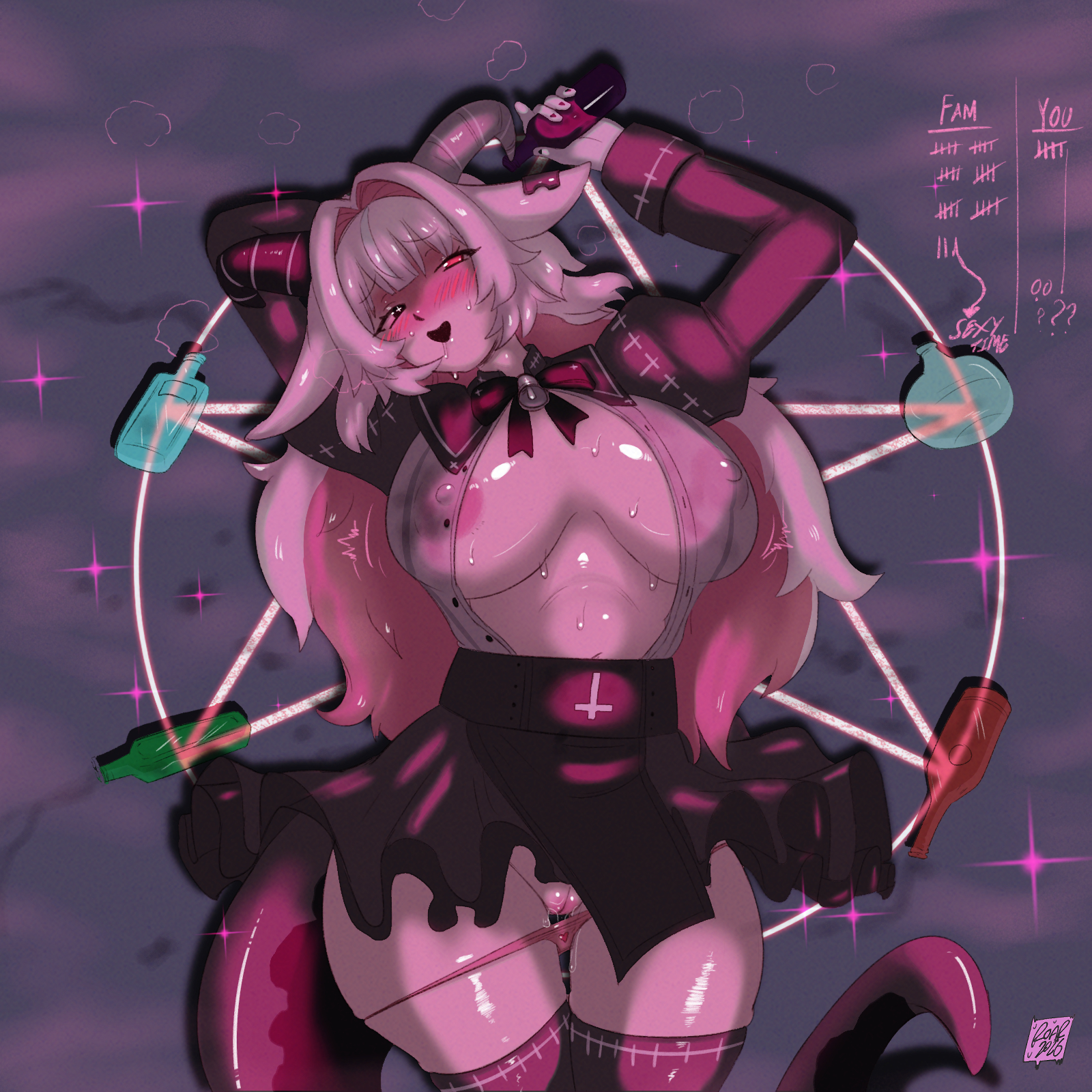 1girls, big breasts, blush, color, drunk, drunken goddess reflux, english text, female, female focus, female only, femme soule, femsub, heterochromia, horn, horns, light skin, looking at viewer, on back, on floor, on ground, open mouth, open smile, pentagram, pukey goddess shot trick, ram horn, ram horns, roarbutter, smile, submissive female, sweat, sweatdrop, text, thick thighs, twitter link, wide hips