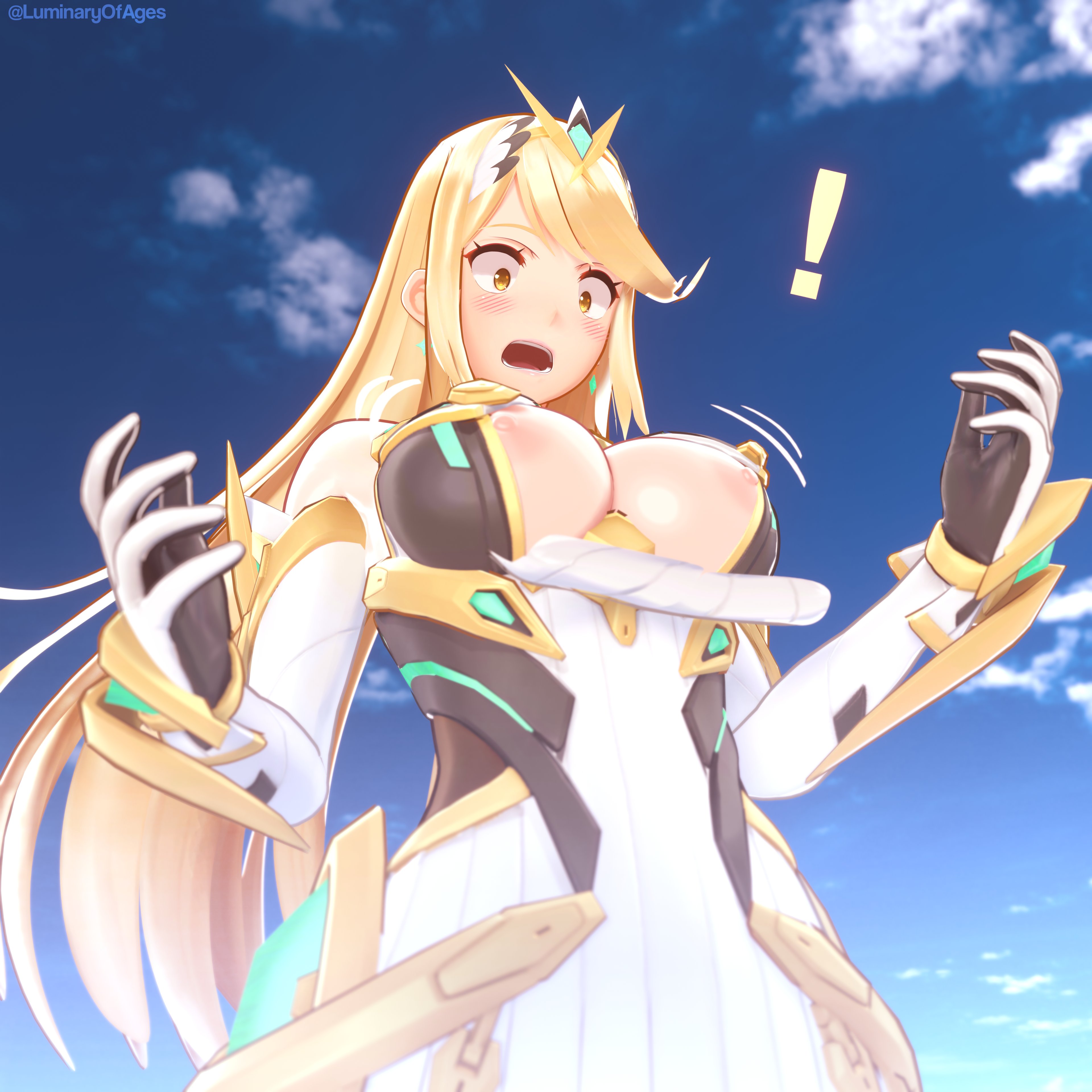 1girls, 3d, 3d (artwork), areolae, blender, blonde hair, blush, boob window, boobs, boobs out, breasts, embarrassed, exposed nipples, exposed shoulders, female, gold eyes, large breasts, long hair, long sleeves, luminaryofages, mythra, nintendo, nipples, solo female, surprised, surprised expression, wardrobe malfunction, white dress, xenoblade (series), xenoblade chronicles 2