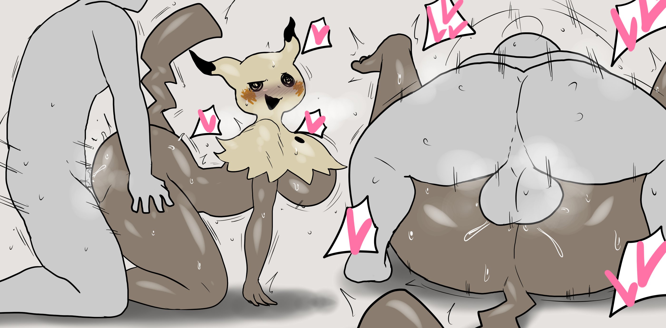 1boy, 1girls, anthro, breasts, enigi09, female, female focus, large breasts, male, mating press, mimikyu, nintendo, pokemon, sex, thick thighs, thighs, white background, wide hips