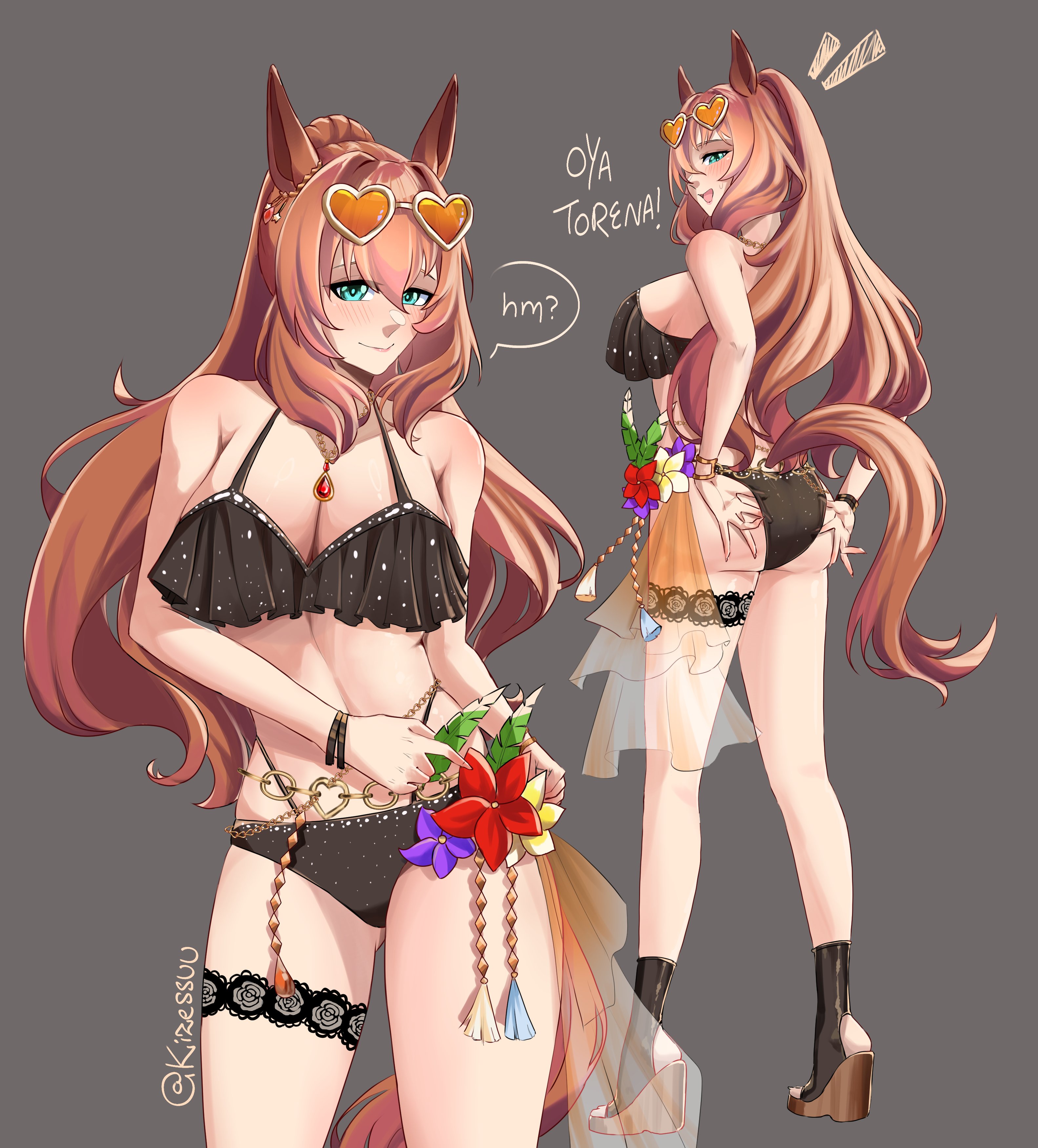 1girl, absurdres, animal ears, ass, bare shoulders, bikini, black bikini, blue eyes, blush, breasts, brown hair, brown-tinted eyewear, cleavage, closed mouth, eyewear on head, flower, hair between eyes, heart, heart-shaped eyewear, high heel sandals, high heels, highres, horse ears, horse girl, horse tail, jewelry, kizessuu, large breasts, long hair, looking at viewer, maruzensky (hot summer night) (umamusume), maruzensky (umamusume), multiple views, navel, necklace, official alternate costume, one eye closed, open mouth, orange-tinted eyewear, ponytail, ruffle bikini, sandals, simple background, smile, stomach, sunglasses, sweatdrop, swimsuit, tail, thigh strap, tinted eyewear, umamusume, white-framed eyewear