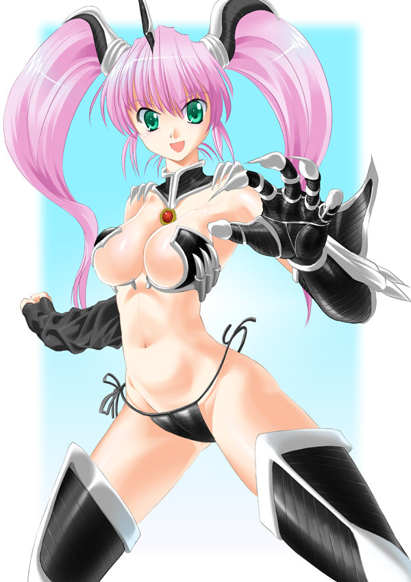 1girls angel_wings bikini bikini_armor breasts demon_girl elbow_gloves female gloves green_eyes horn humanoid jigoku_sensei_nube long_hair looking_at_viewer minki pale-skinned_female pale_skin pink_hair short_twintails shounen_jump side-tie_bikini side-tie_panties solo swimsuit thighhighs tied_hair twintails wardrobe_malfunction wide_hips wings zouzou