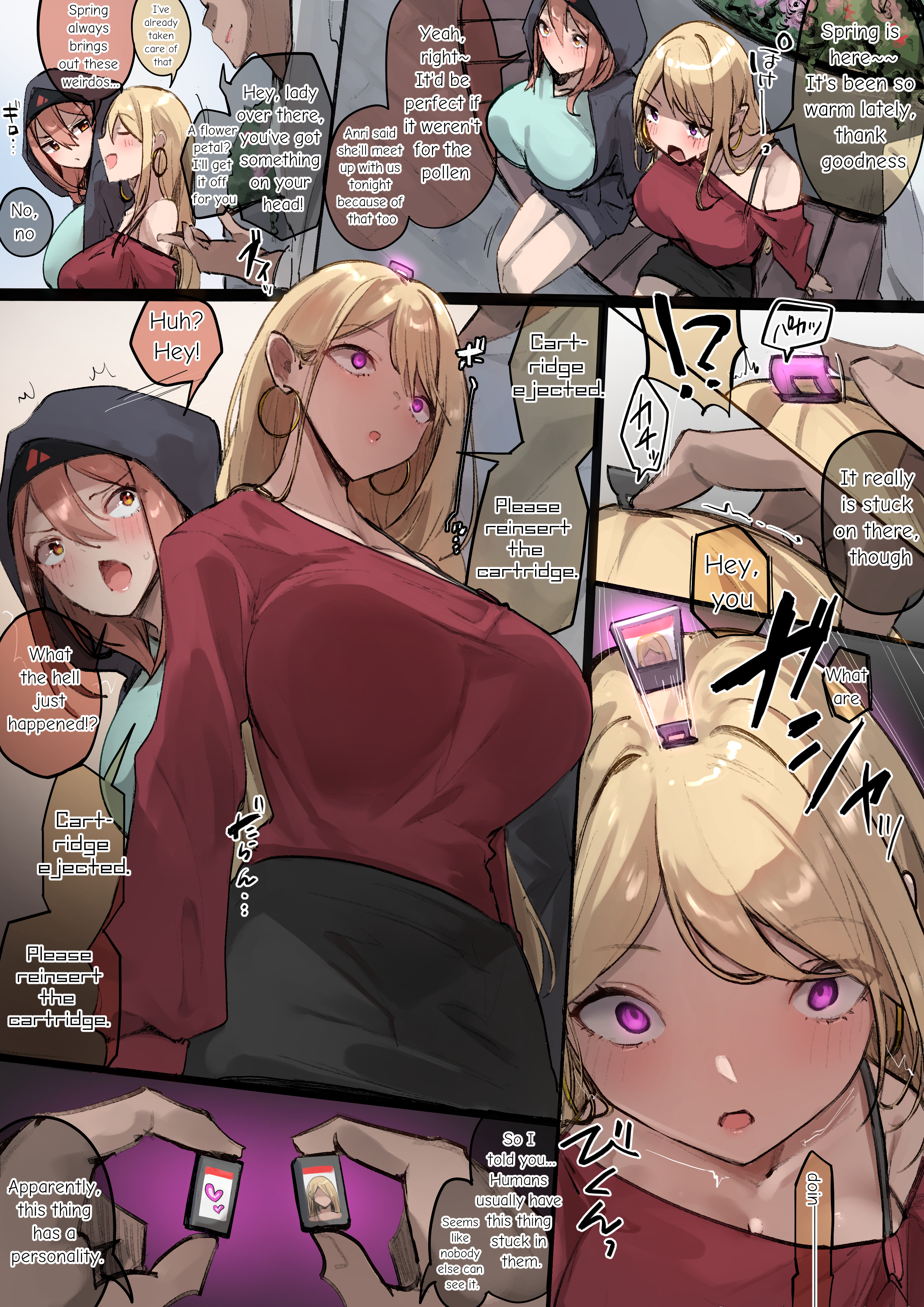 1boy, 2girls, 7koma, bare shoulders, black skirt, blonde hair, blush, bra strap, breasts, cartridge, change in common sense, close rim open, clothing, earrings, english text, female, hoop earrings, huge breasts, hypnosis, identity change, identity death, identity theft, karin (rim), kasumi (rim), large breasts, long hair, matching hair/eyes, mind control, multiple girls, open mouth, orange hair, original, original character, original characters, personality swap, personality switch, possessed, purple hair, shirt, skirt, speech bubble, sweat