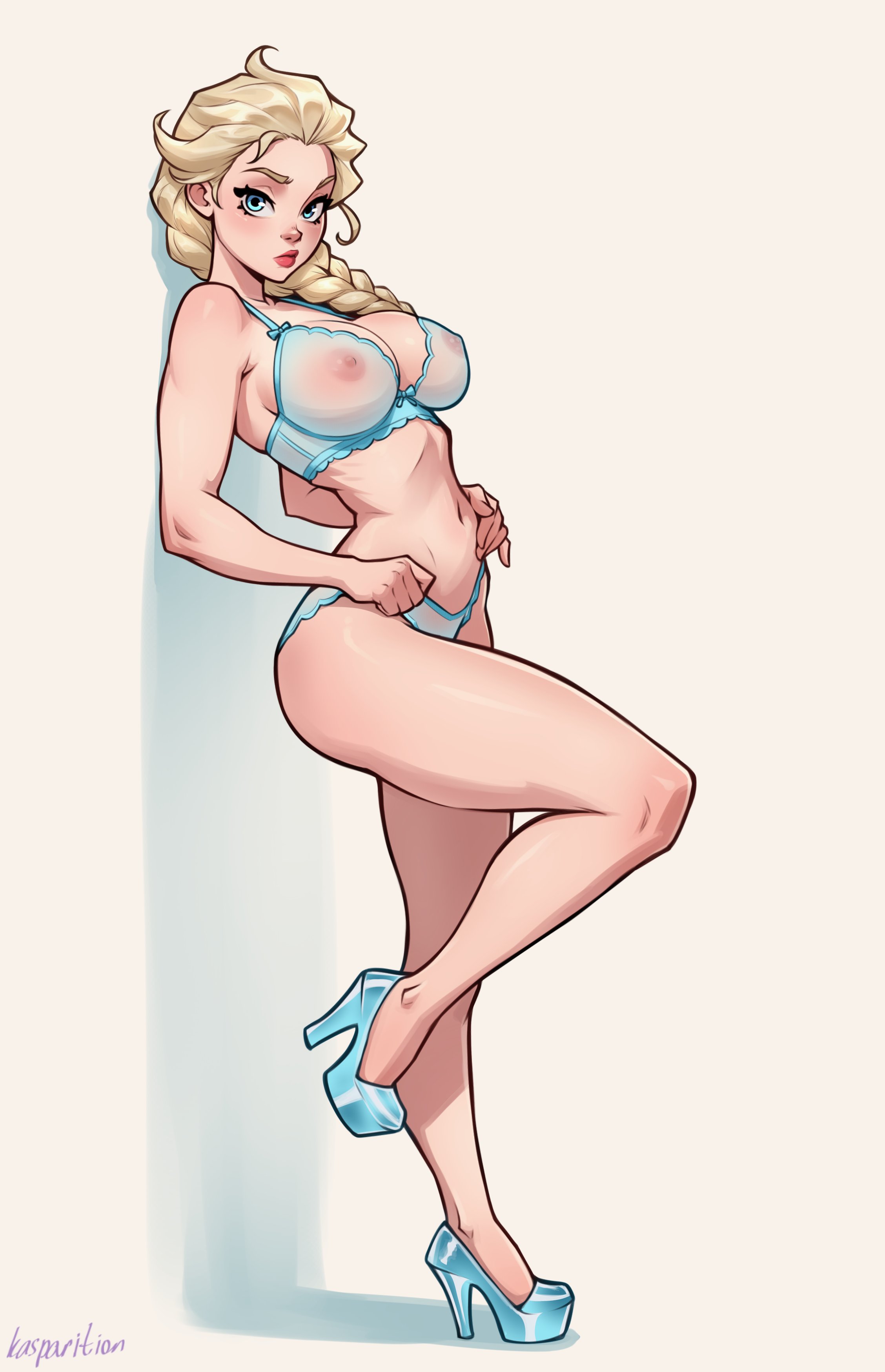 blonde hair, blue eyes, bra, breasts, elsa (frozen), frozen (film), high heels, kasparition, navel, nipples, nipples visible through clothing, panties, pinup, simple background, white background