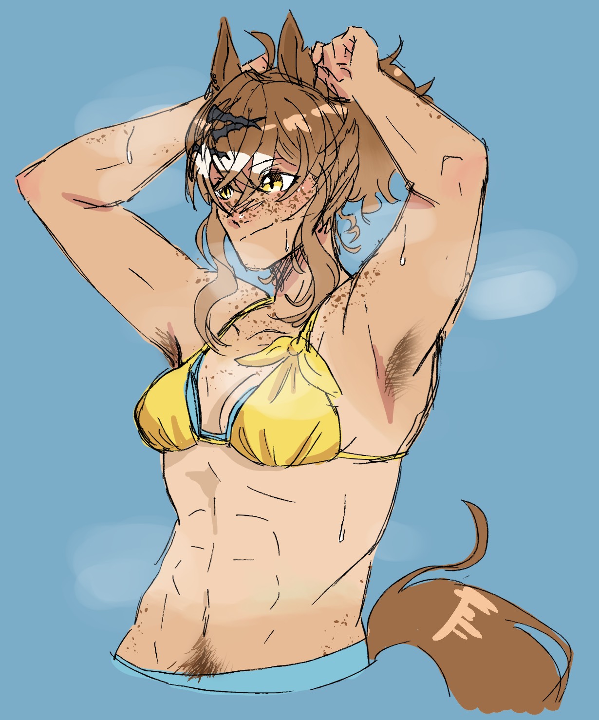 1girls, animal ears, bikini, female only, freckles, ghostcitytrafficjam, ghostctytrffcjm, hair ornament, hairy armpits, horse girl, jungle pocket (umamusume), muscular female, small breasts, tanline, toned female, tying hair, umamusume, umamusume pretty derby