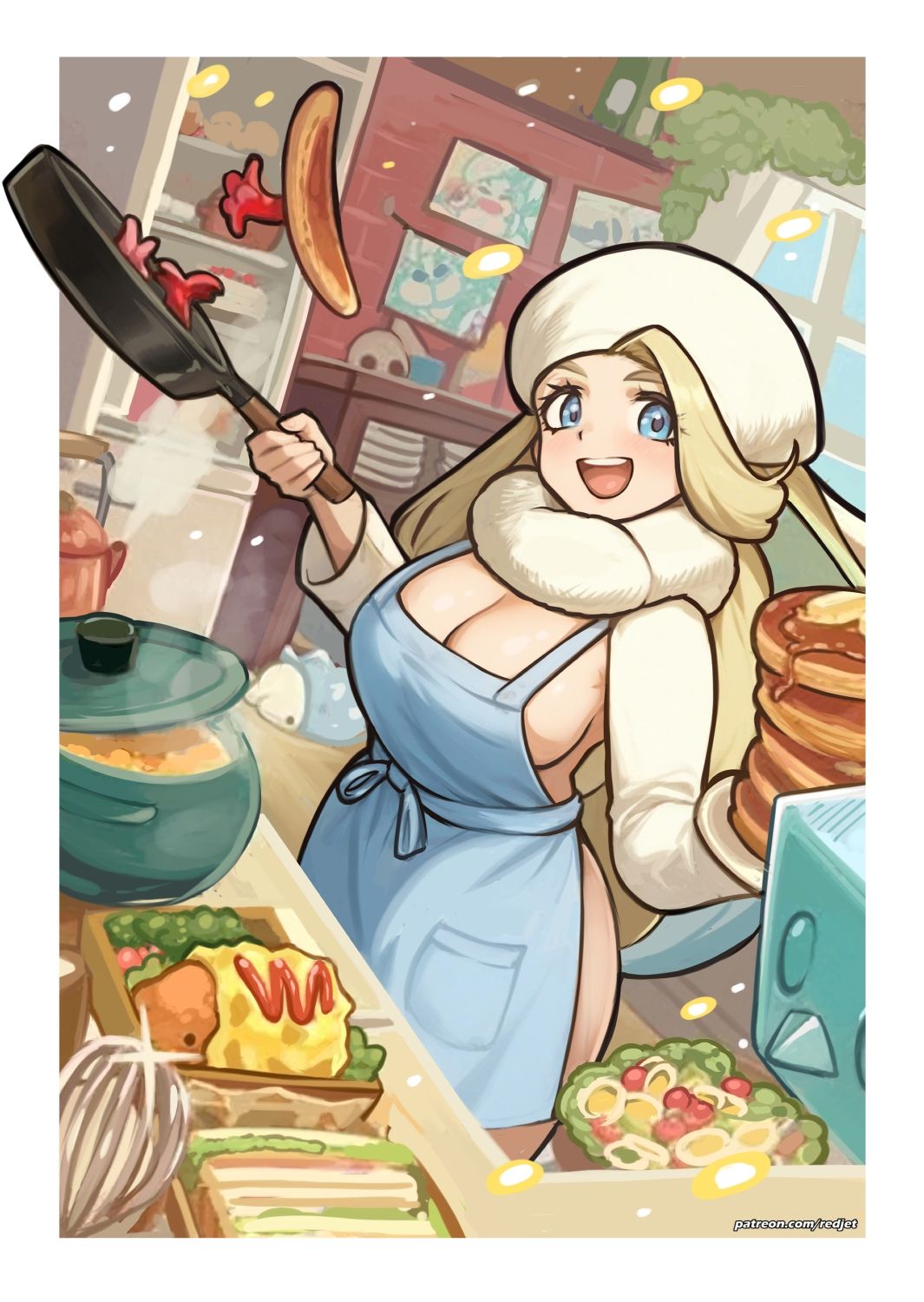1girls, apron, breasts, cooking, female, female only, melony (pokemon), milf, naked apron, nude, pokemon, pokemon ss, redjet, solo, solo female, tagme